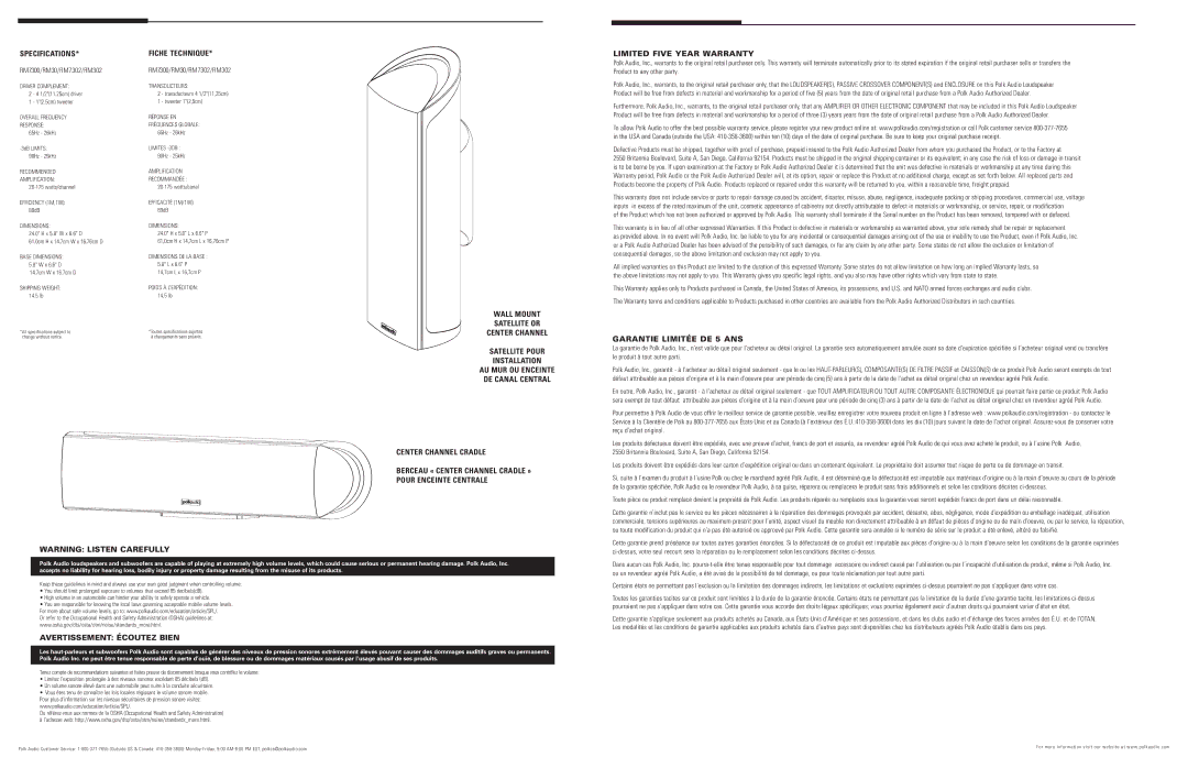 Polk Audio RM7300, RM302, RM7302 owner manual Specifications 