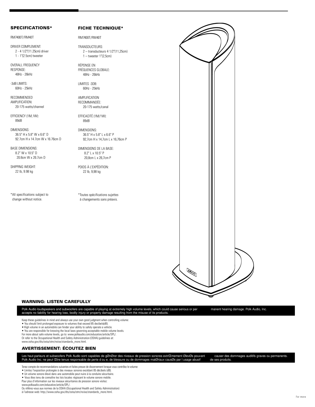 Polk Audio RM7400T RM40T owner manual Specifications, Fiche Technique, Avertissement Écoutez Bien 