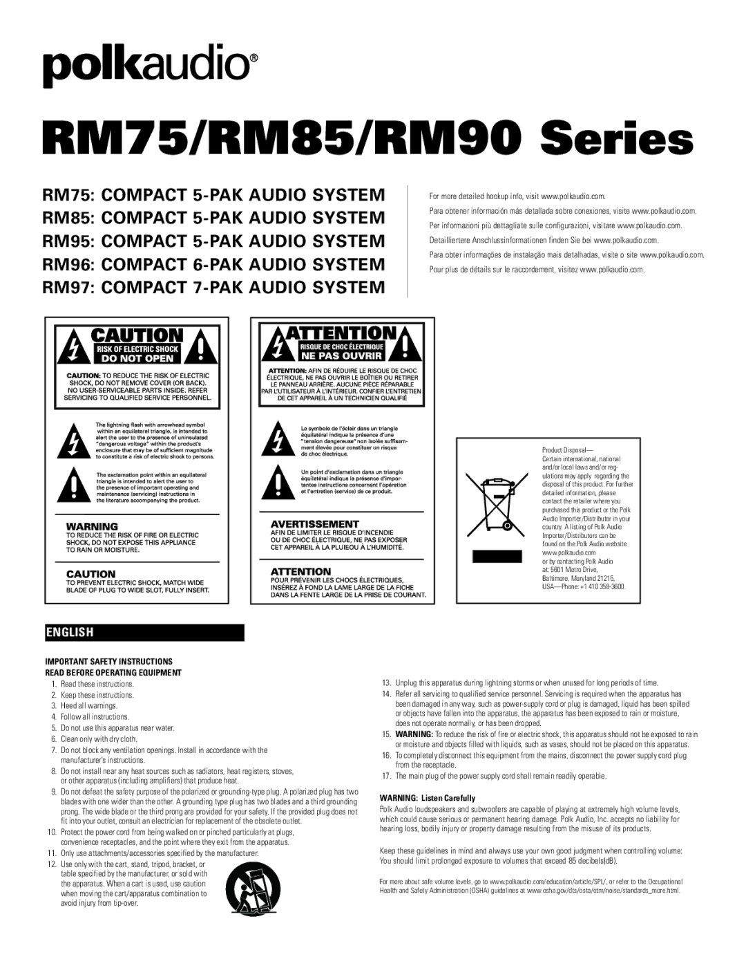 Polk Audio RM95, RM96, RM97 important safety instructions RM75/RM85/RM90 Series, English 