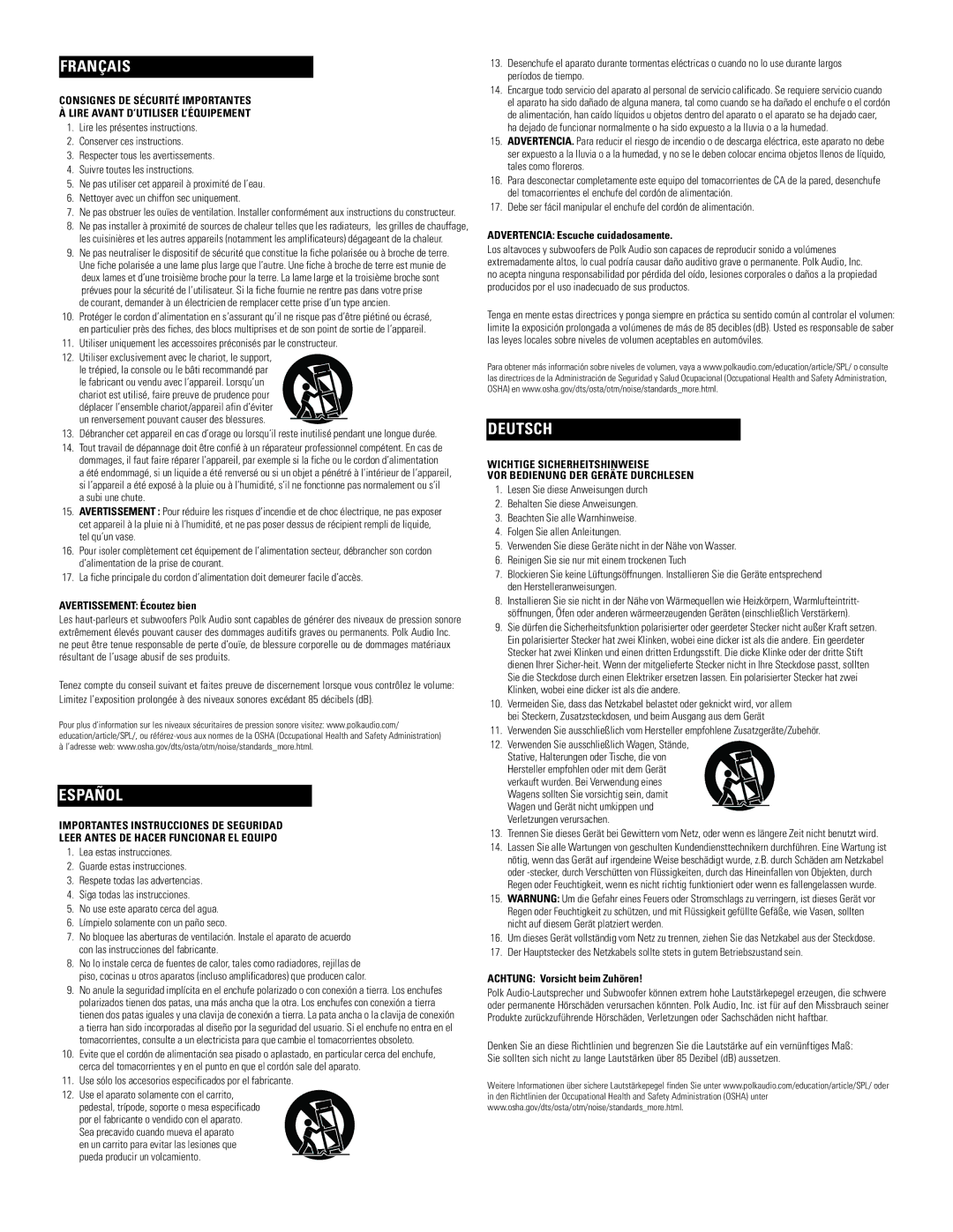 Polk Audio RM75, RM96, RM95, RM85, RM97 important safety instructions Français, Español, Deutsch 