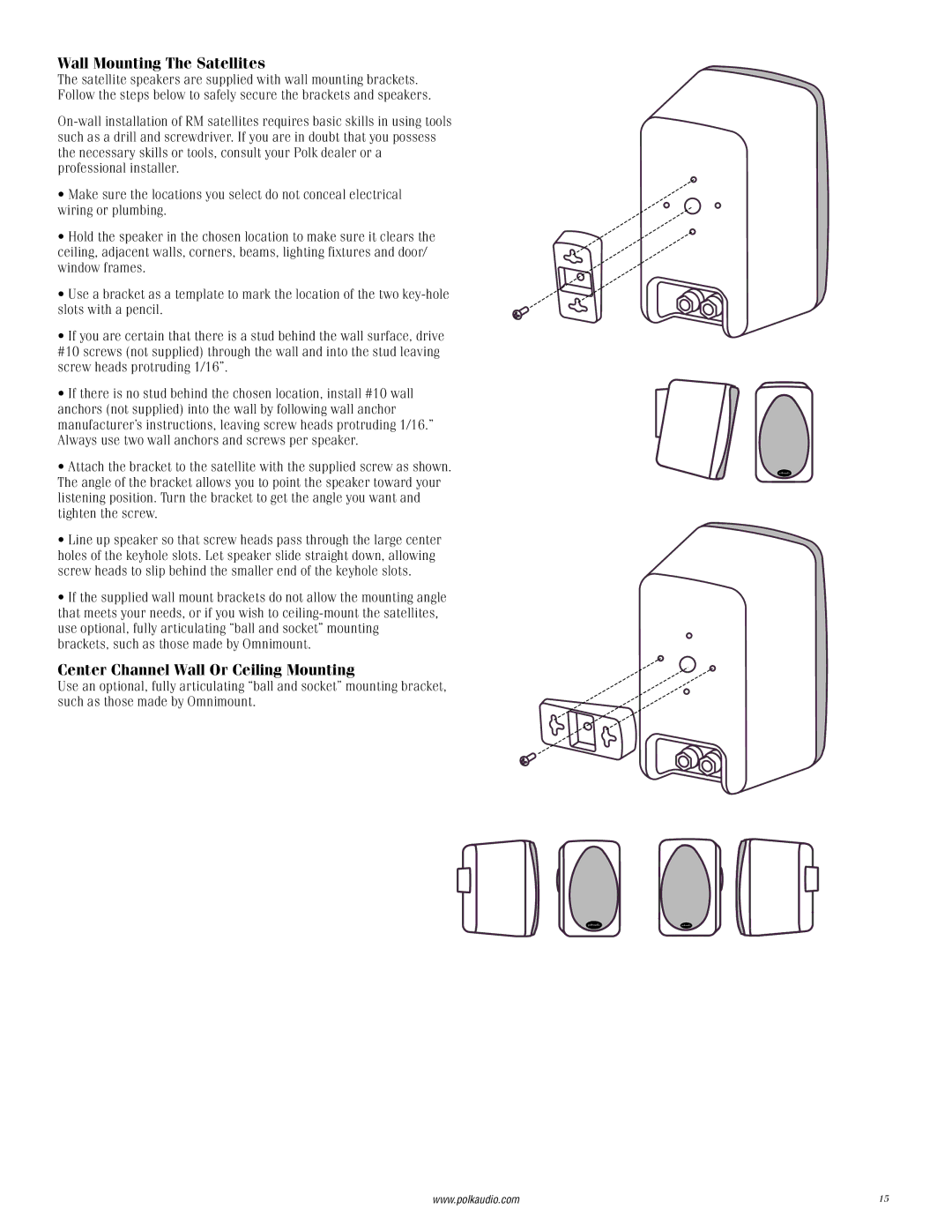 Polk Audio RMDS-1 instruction manual Wall Mounting The Satellites, Center Channel Wall Or Ceiling Mounting 