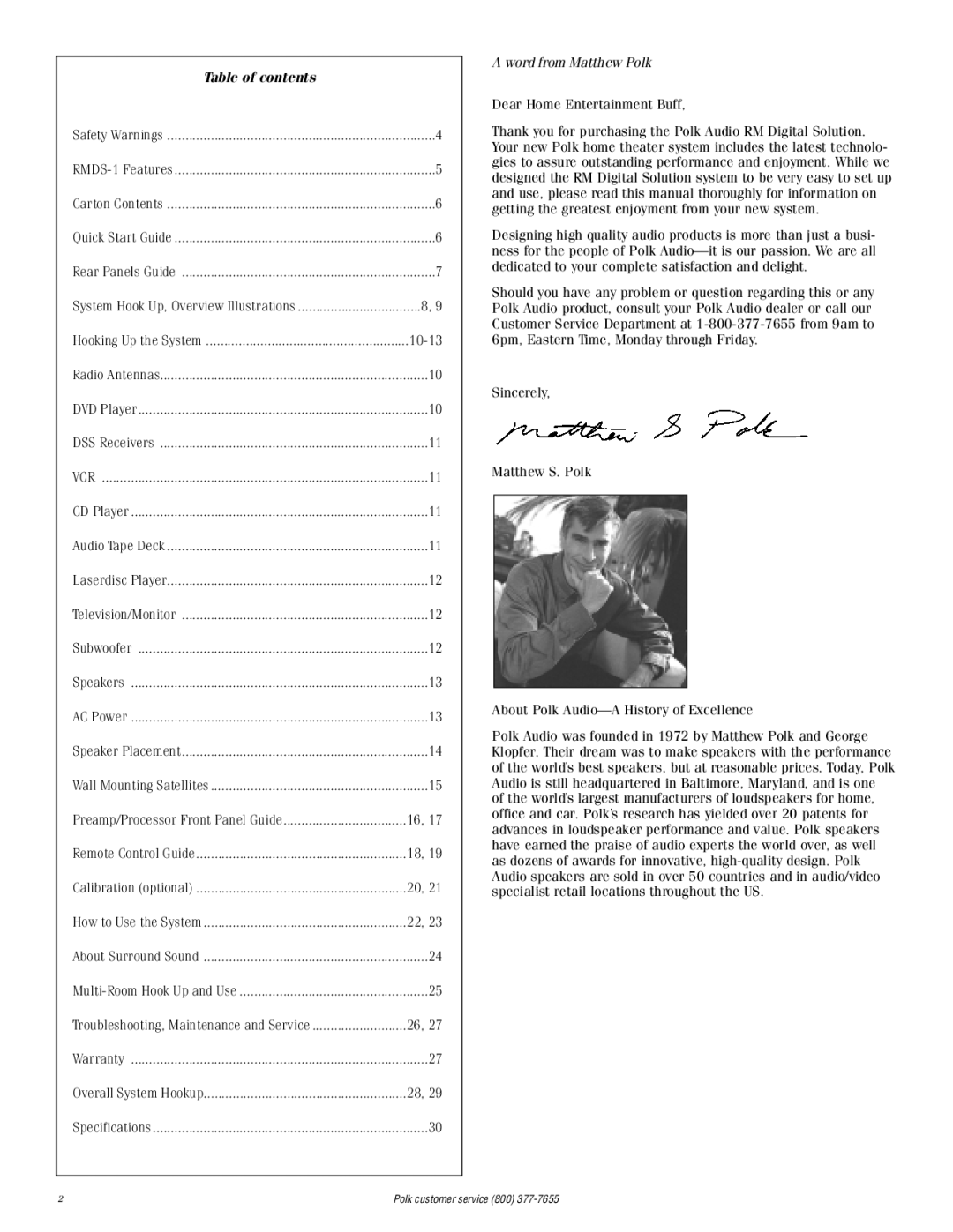 Polk Audio RMDS-1 instruction manual Table of contents 