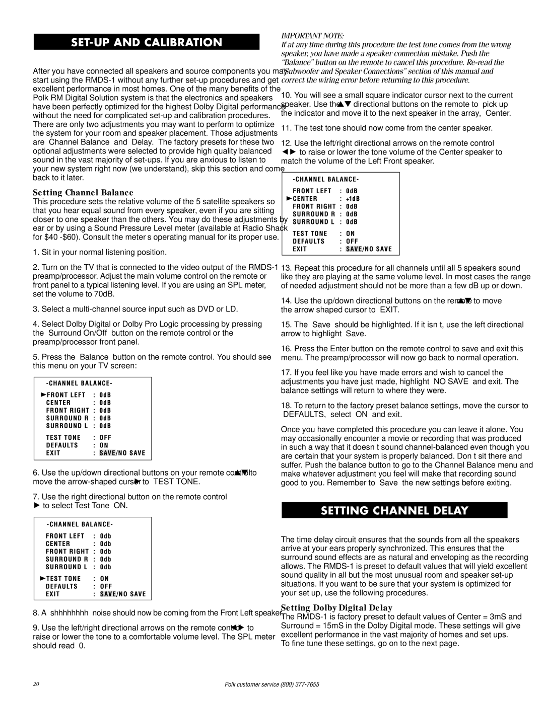 Polk Audio RMDS-1 SET-UP and Calibration, Setting Channel Delay, Setting Channel Balance, Setting Dolby Digital Delay 