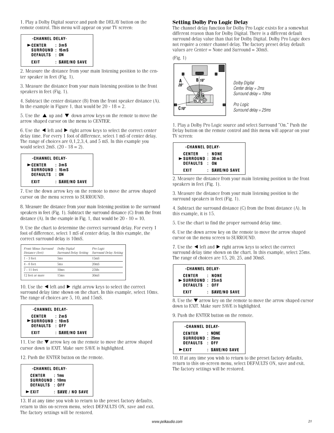 Polk Audio RMDS-1 instruction manual Setting Dolby Pro Logic Delay 