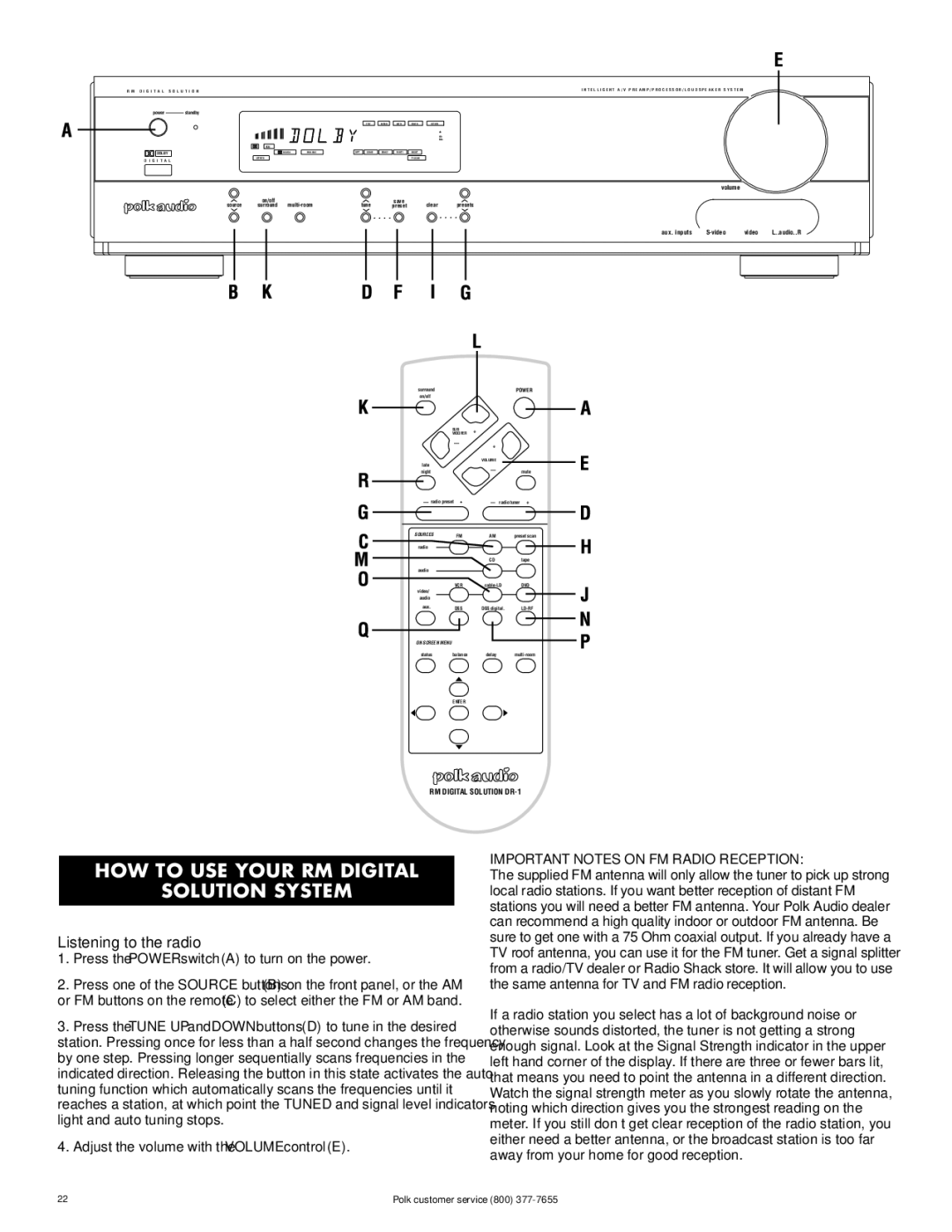 Polk Audio RMDS-1 instruction manual HOW to USE Your RM Digital Solution System, Listening to the radio 