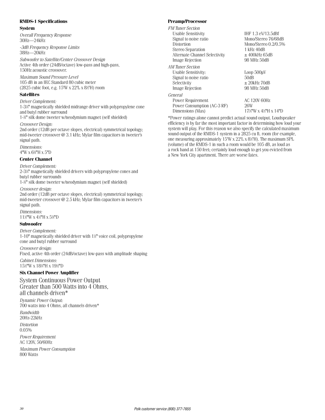 Polk Audio RMDS-1 Maximum Sound Pressure Level, Driver Complement, Crossover Design, Cabinet Dimensions, Distortion 