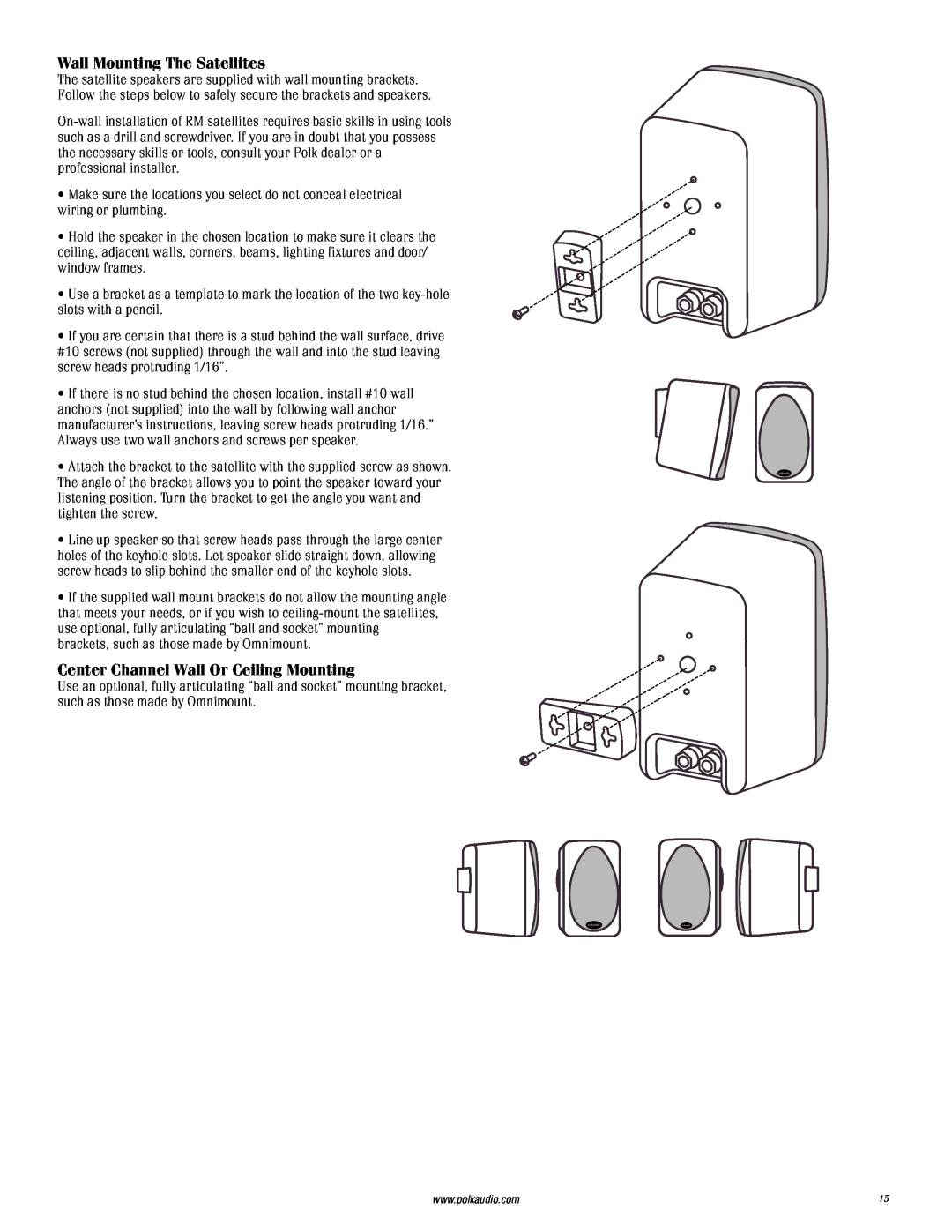 Polk Audio RMDS-1 instruction manual Wall Mounting The Satellites, Center Channel Wall Or Ceiling Mounting 