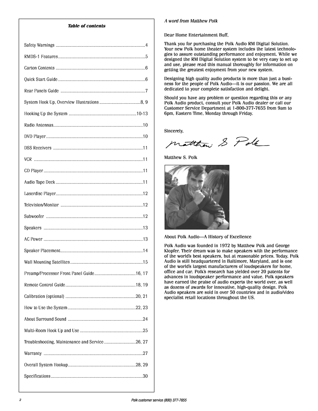Polk Audio RMDS-1 instruction manual Table of contents, A word from Matthew Polk 