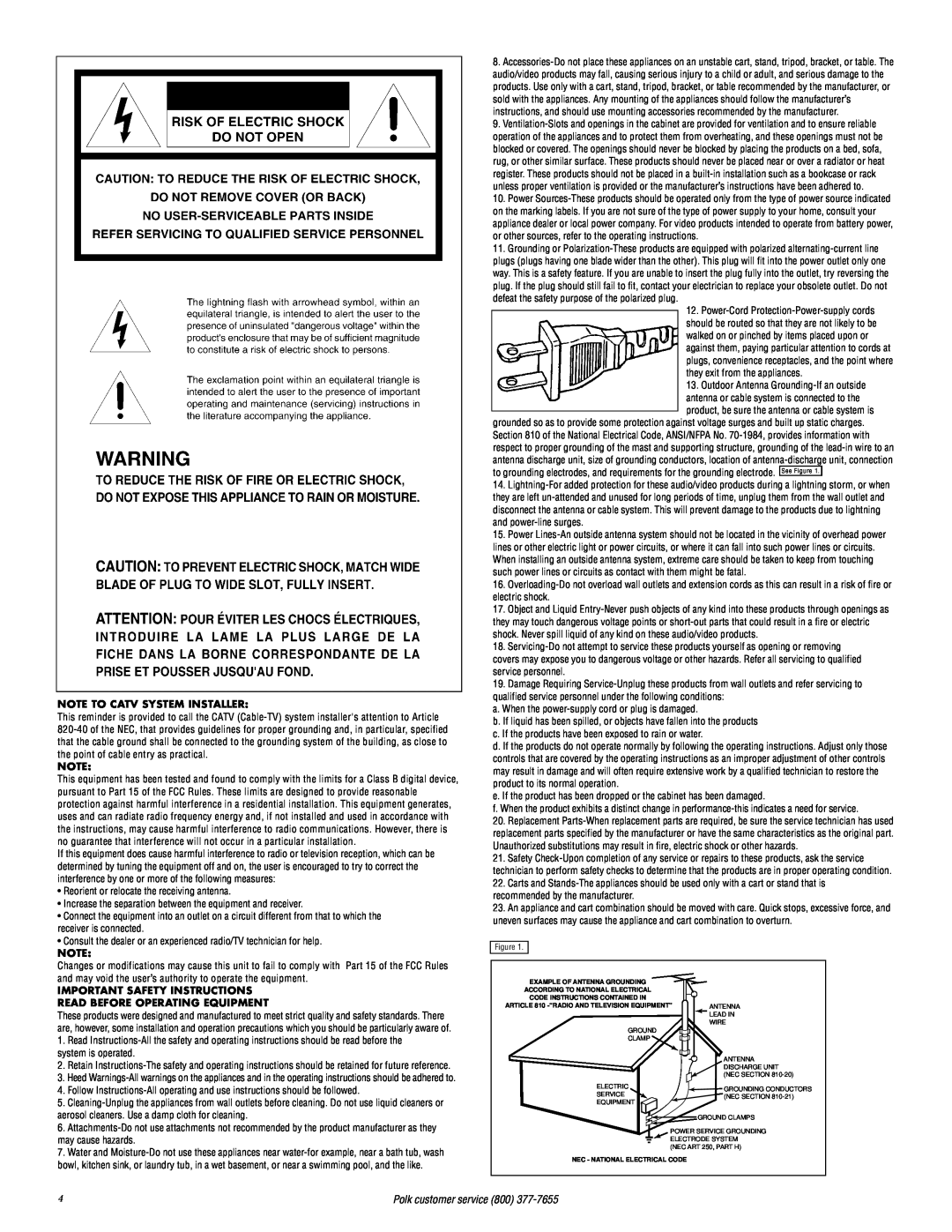 Polk Audio RMDS-1 Note To Catv System Installer, Important Safety Instructions, Read Before Operating Equipment 
