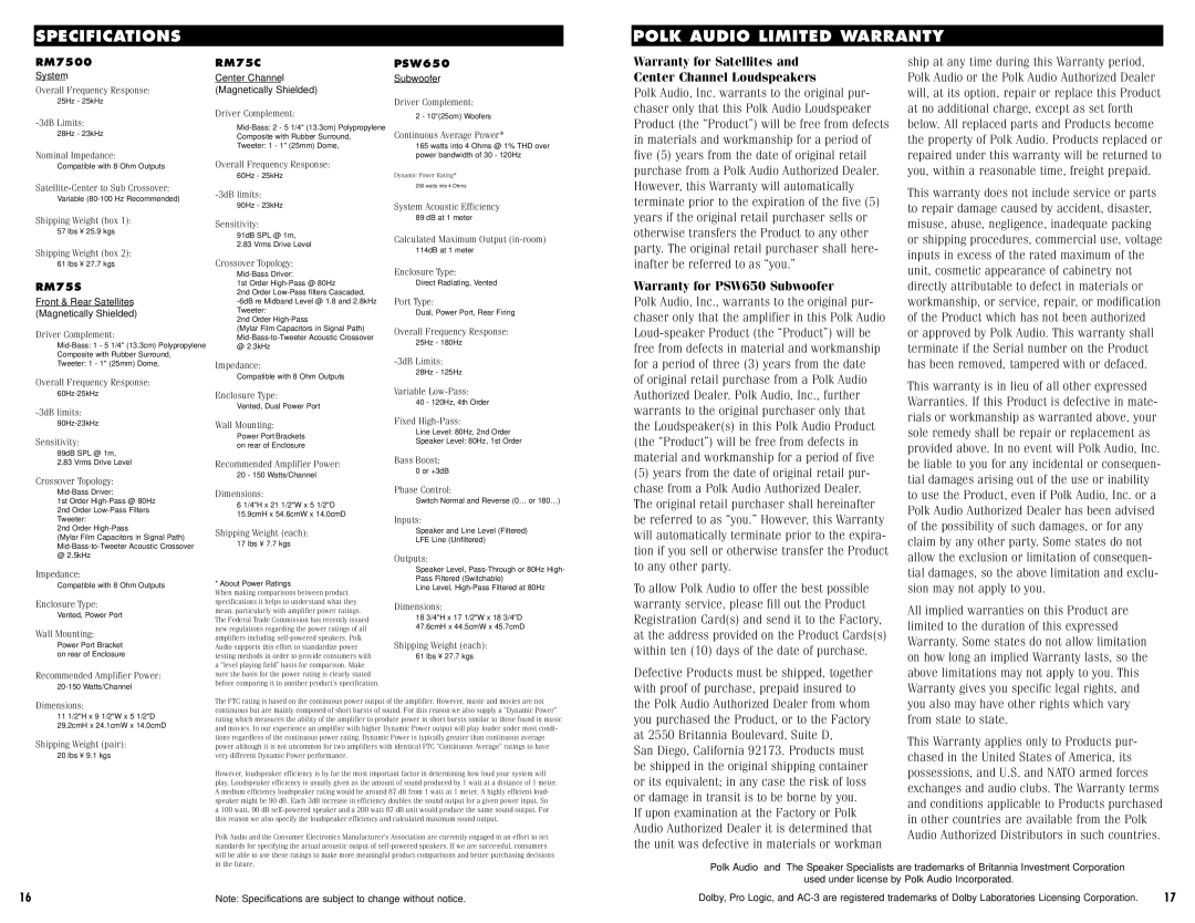 Polk Audio RMSERIES RM7500 instruction manual Specifications Polk Audio Limited Warranty 