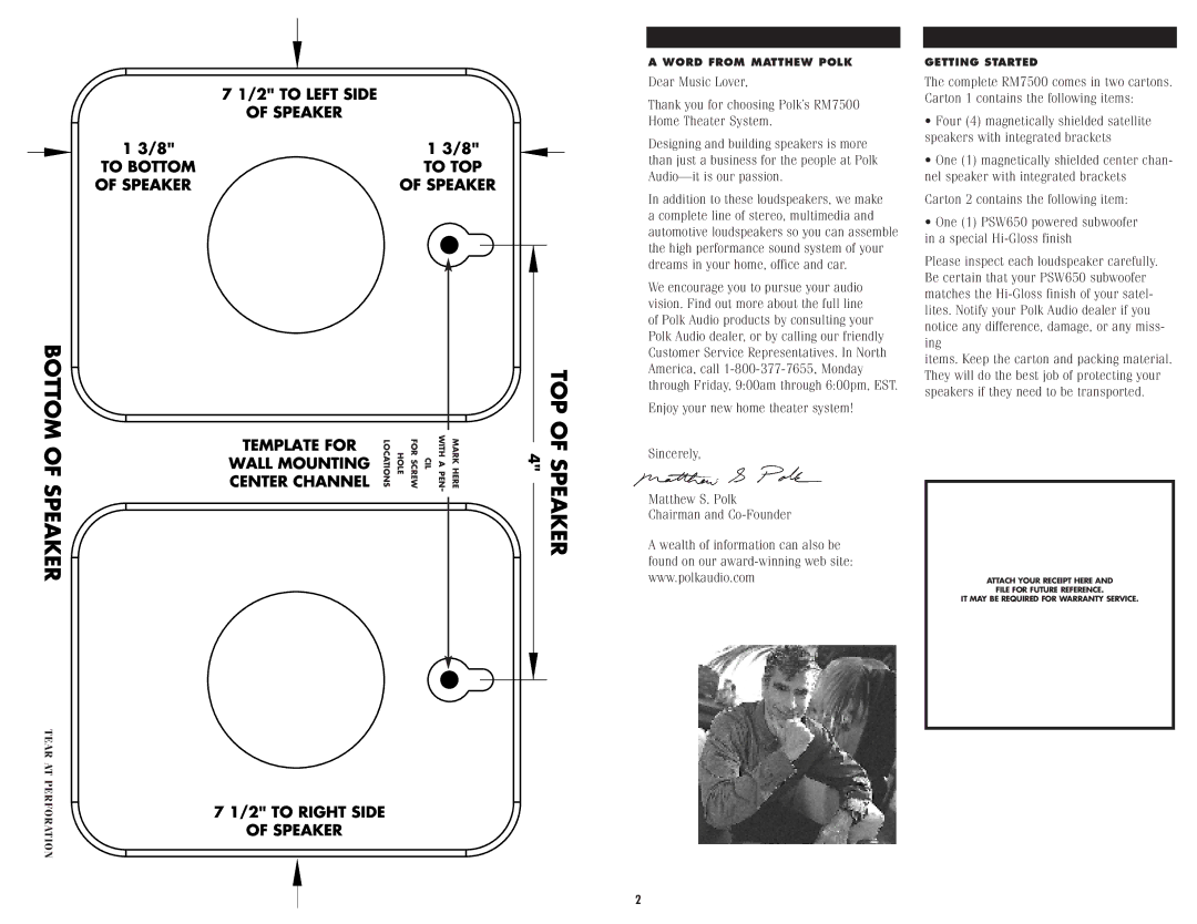 Polk Audio RMSERIES RM7500 instruction manual Word from Matthew Polk 