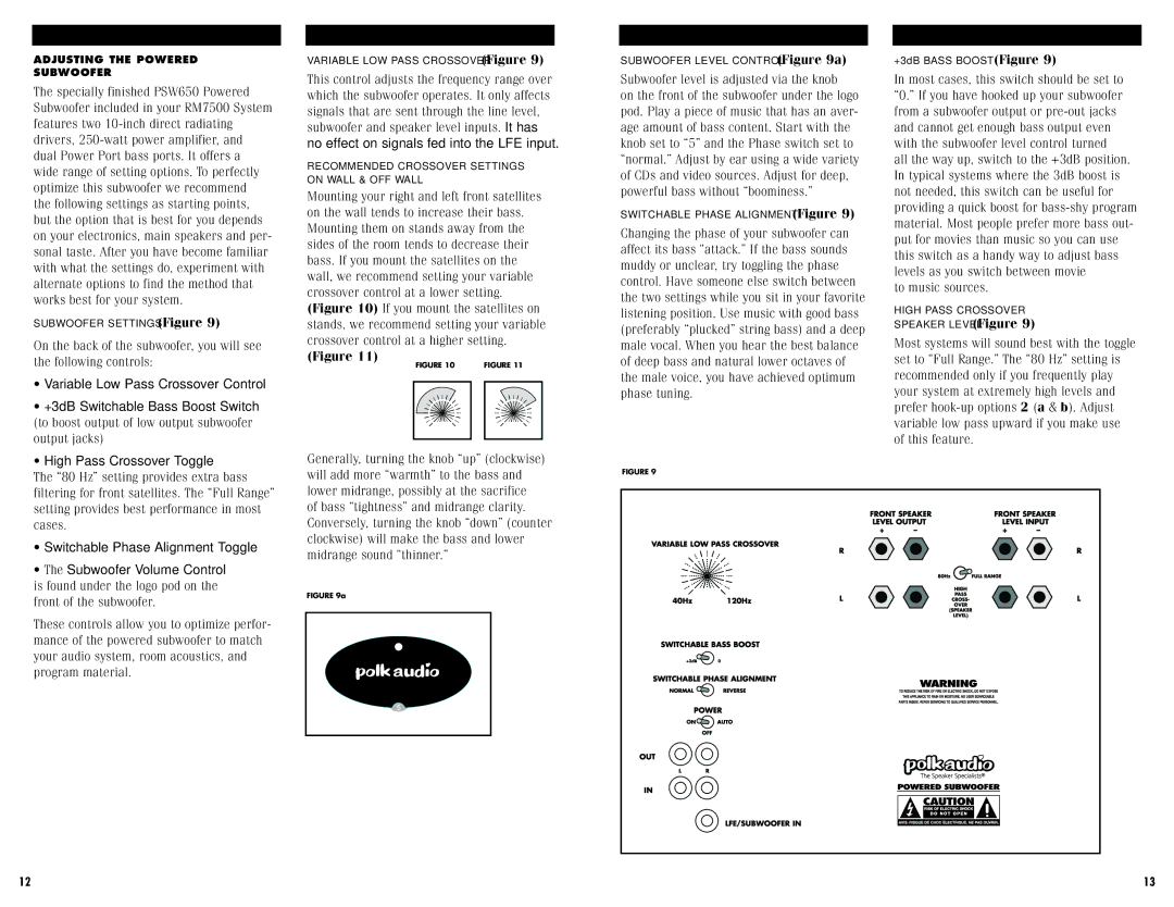 Polk Audio RMSERIES RM7500 instruction manual Switchable Phase Alignment Toggle Subwoofer Volume Control 