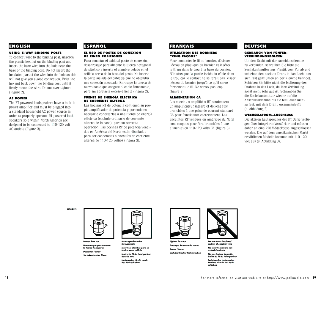 Polk Audio RT2000i, 1000i instruction manual Using 5-WAY Binding Posts 