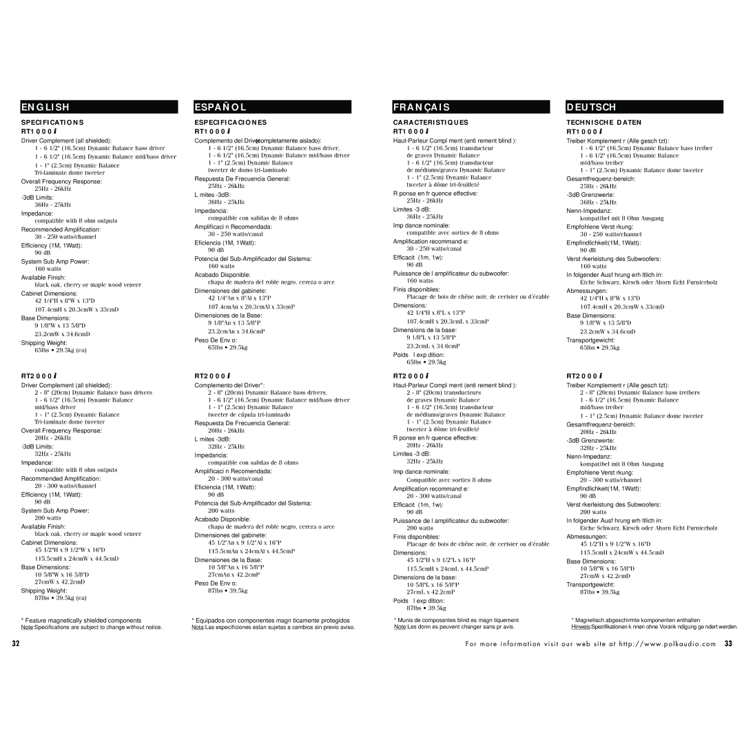 Polk Audio 1000i, RT2000i instruction manual Specifications 