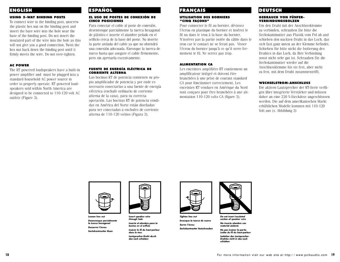 Polk Audio RT2000P, RT1000P instruction manual Using 5-WAY Binding Posts 