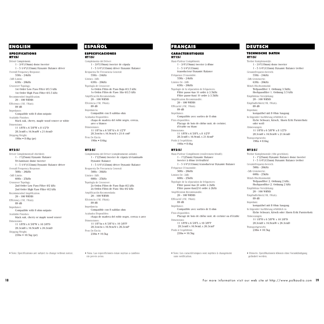 Polk Audio RT15, RT55, RT35, RT25 instruction manual Specifications 