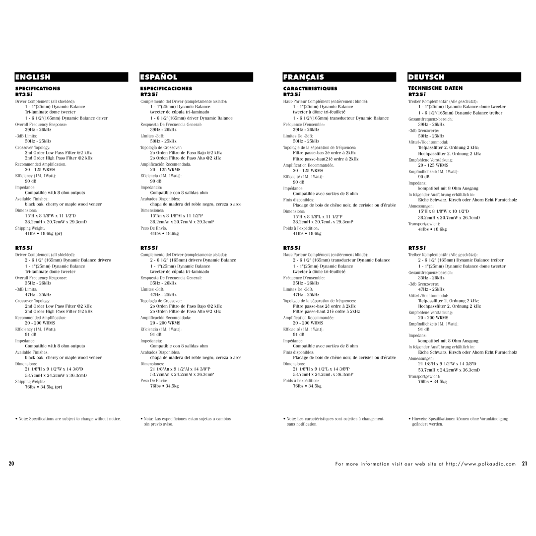 Polk Audio RT25, RT55, RT15 instruction manual RT35i 