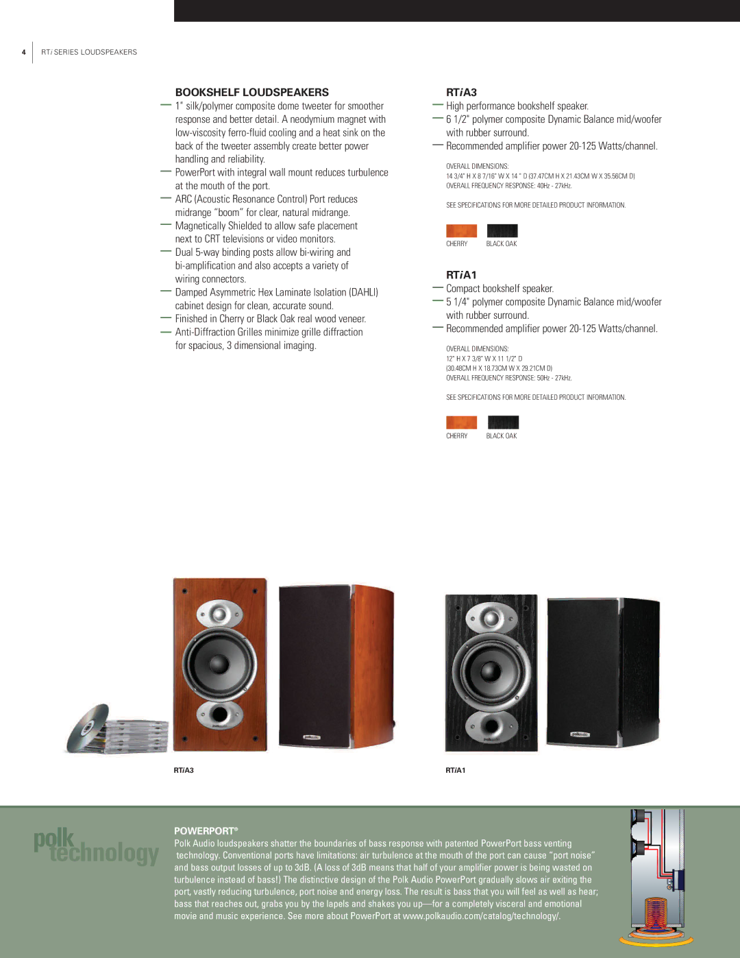 Polk Audio RTi Series manual Bookshelf Loudspeakers, RTi A3, RTi A1, Powerport 