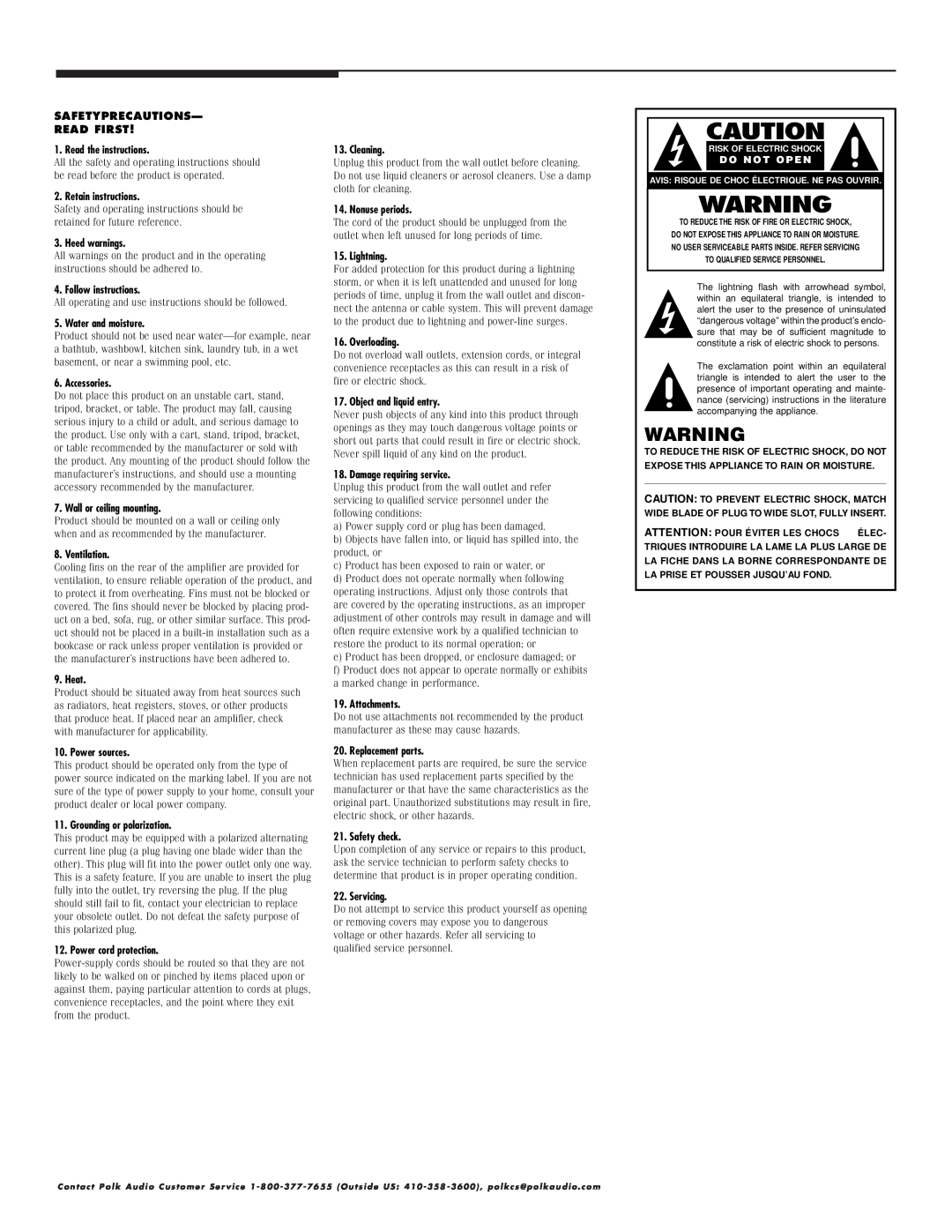 Polk Audio RTI100 owner manual Safetyprecautions- Read First 