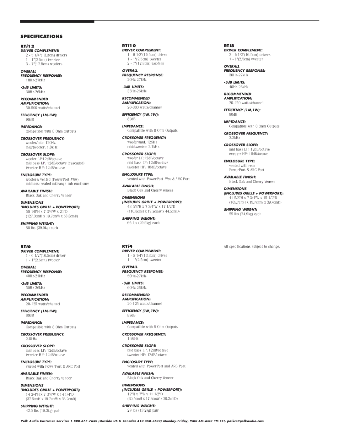 Polk Audio RTi12 owner manual Specifications 