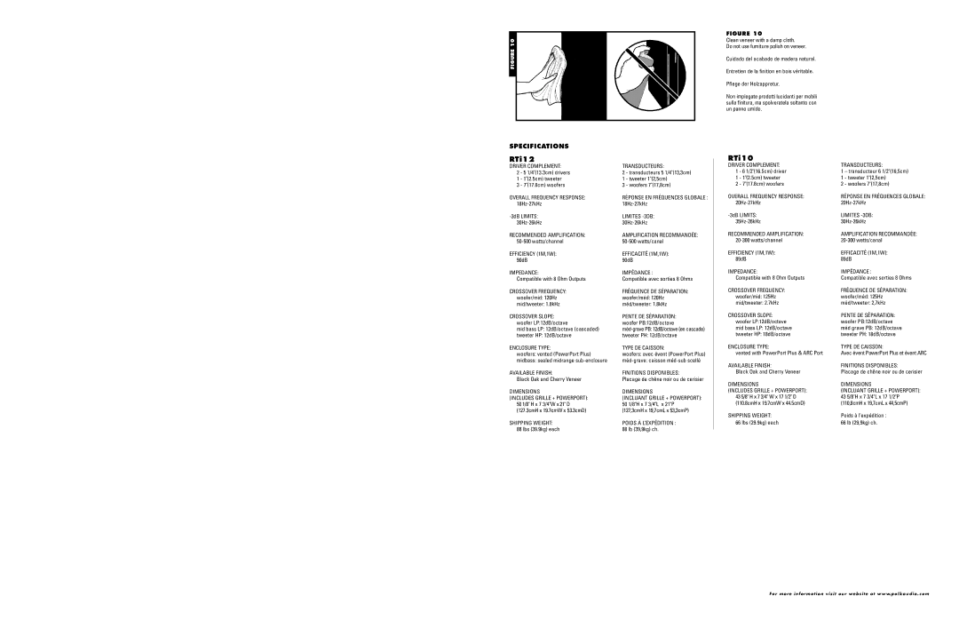 Polk Audio RTi6 owner manual RTi12, RTi10, Specifications 