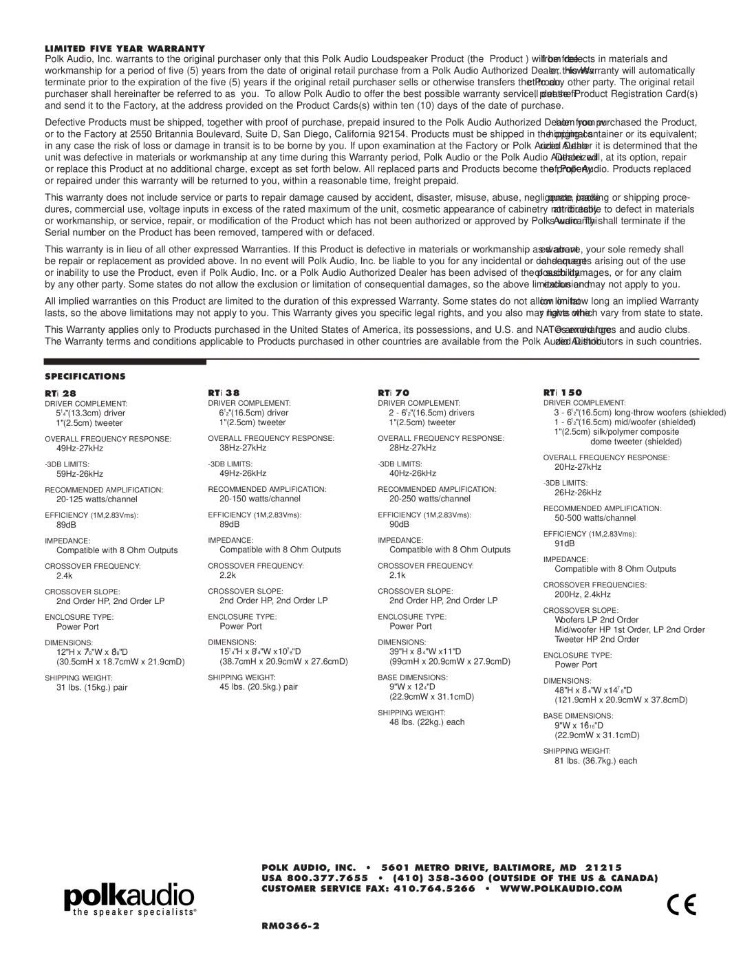 Polk Audio 38, RTI70, RTi150 owner manual Specifications 