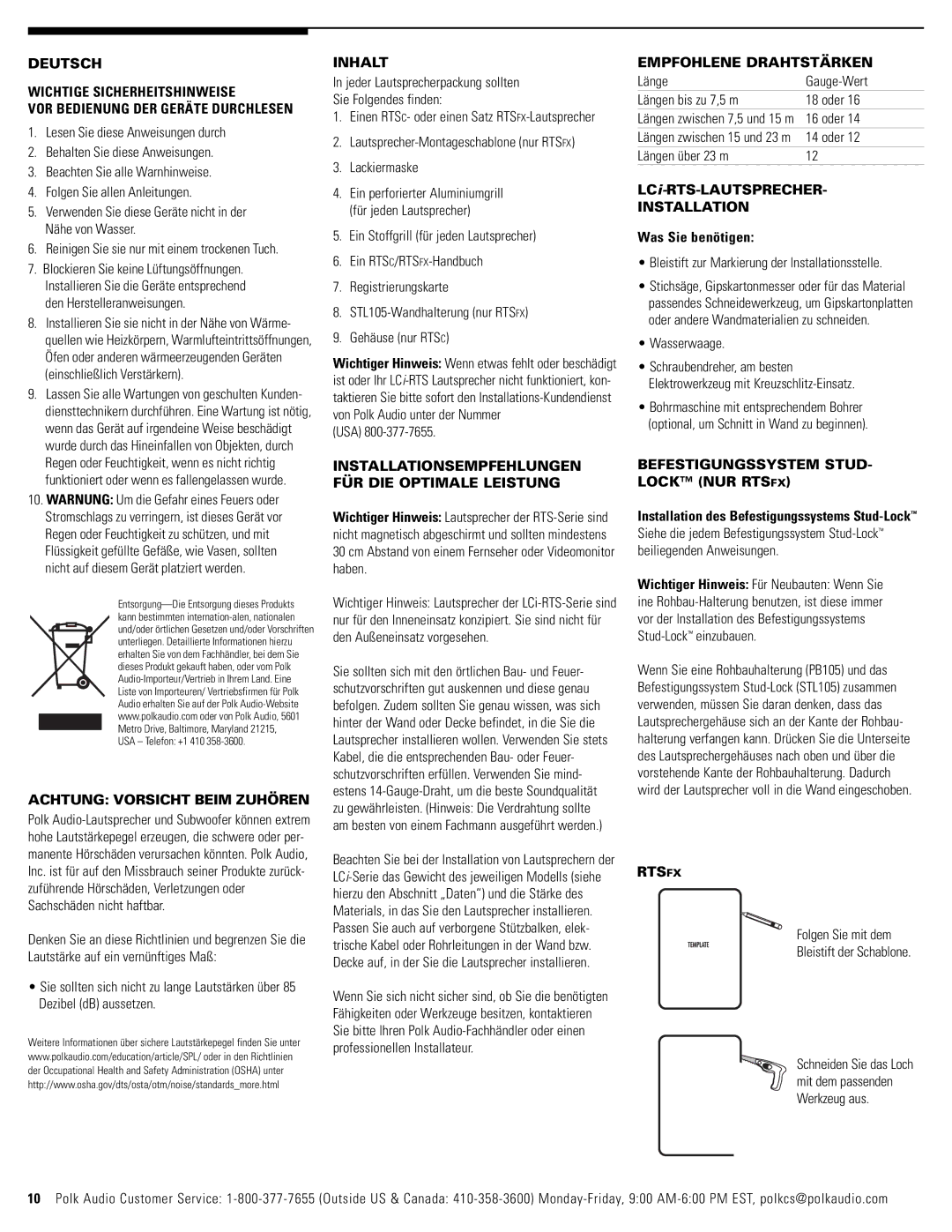 Polk Audio RTSC, RTSFX Achtung Vorsicht Beim Zuhören, Inhalt, Installationsempfehlungen FÜR DIE Optimale Leistung 