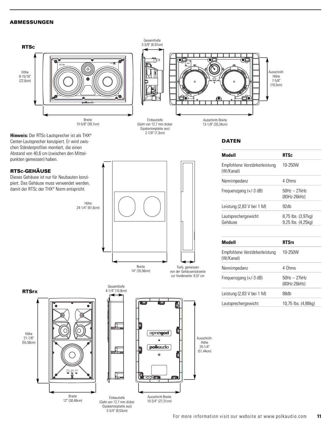 Polk Audio RTSFX, RTSC owner manual Abmessungen Rtsc, Rtsc-Gehäuse, Daten, Modell, Kanal 