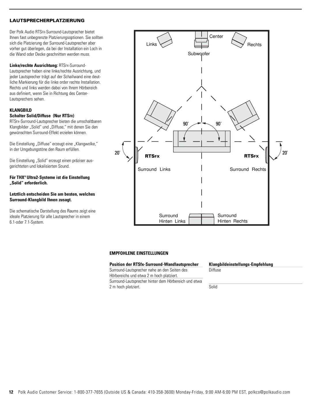 Polk Audio RTSC, RTSFX Lautsprecherplatzierung, Klangbild, Schalter Solid/Diffuse Nur Rtsfx, Empfohlene Einstellungen 