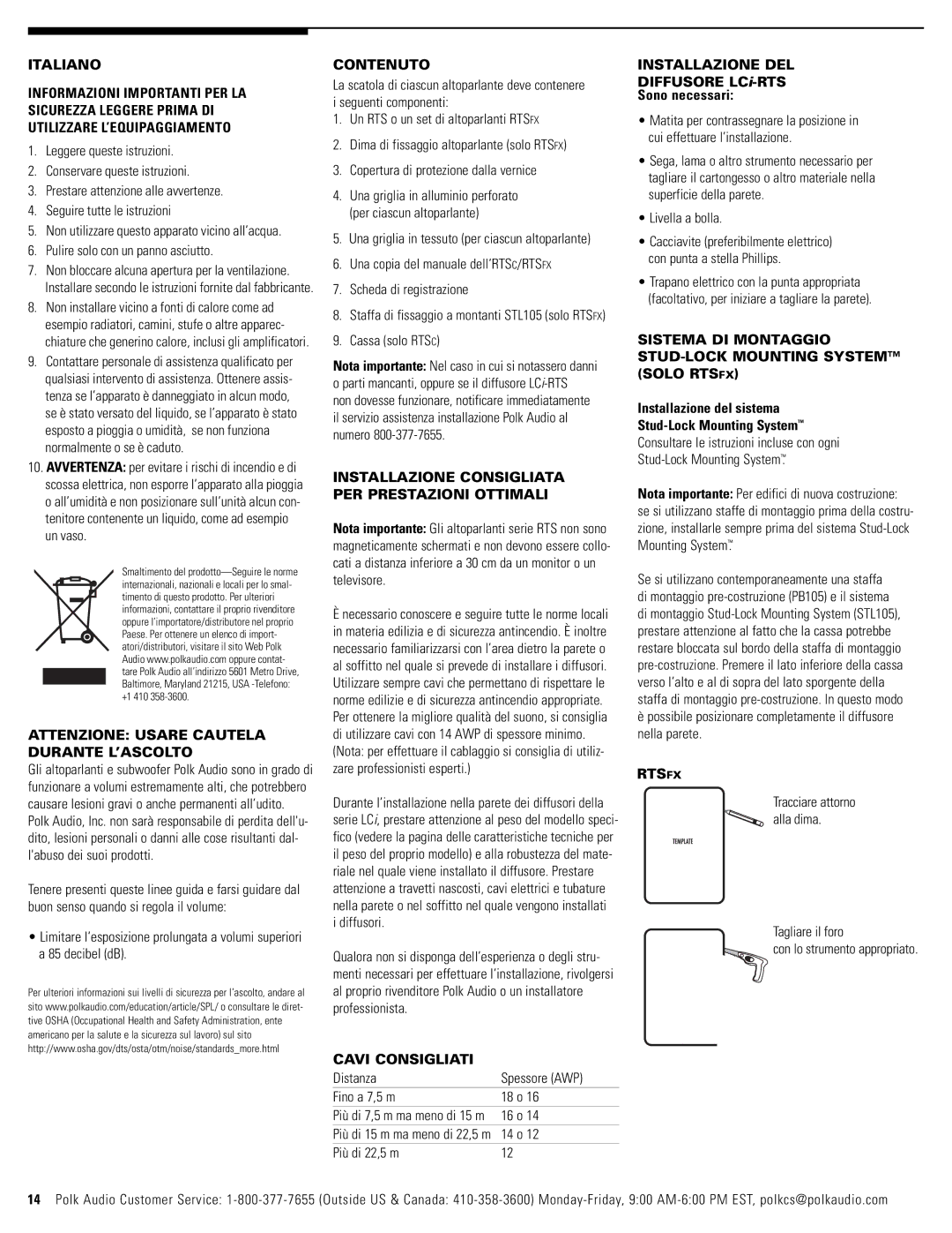 Polk Audio RTSC Attenzione Usare Cautela Durante L’ASCOLTO, Contenuto, Installazione Consigliata PER Prestazioni Ottimali 