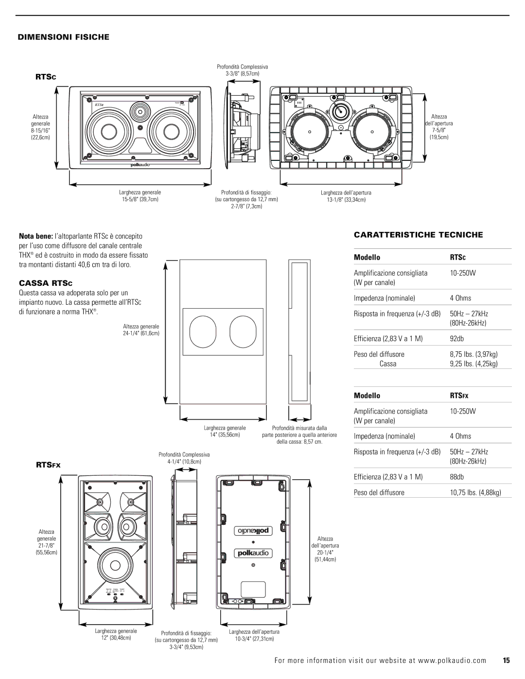 Polk Audio RTSFX, RTSC owner manual Dimensioni Fisiche, Cassa Rtsc, Rts Fx, Caratteristiche Tecniche, Modello 