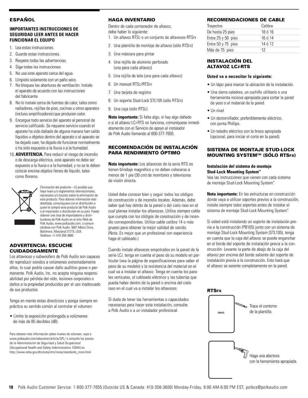 Polk Audio RTSC Advertencia Escuche Cuidadosamente, Haga Inventario, Recomendación DE Instalación Para Rendimiento Óptimo 