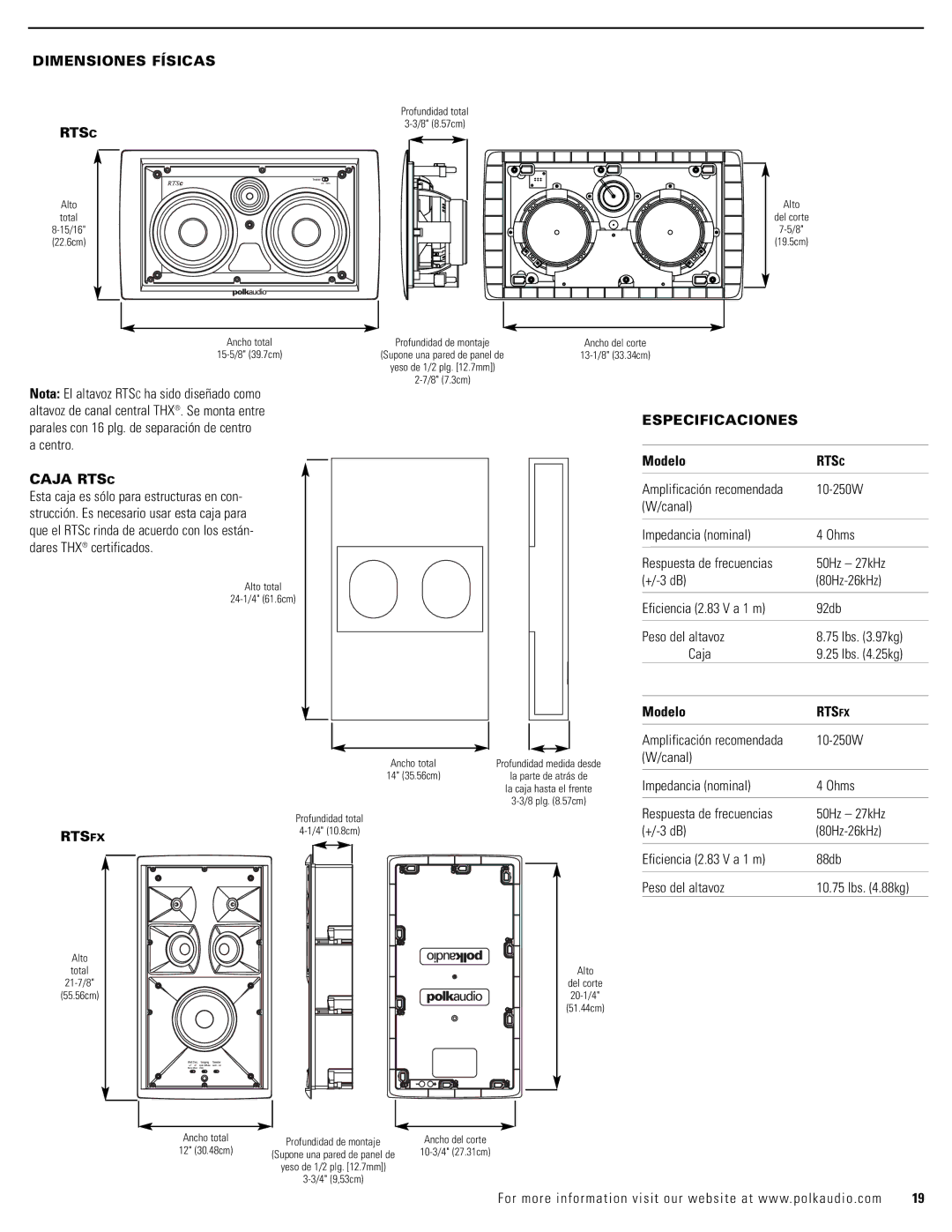 Polk Audio RTSFX, RTSC owner manual Dimensiones Físicas Rtsc, Caja Rtsc, Especificaciones, Amplificación recomendada 