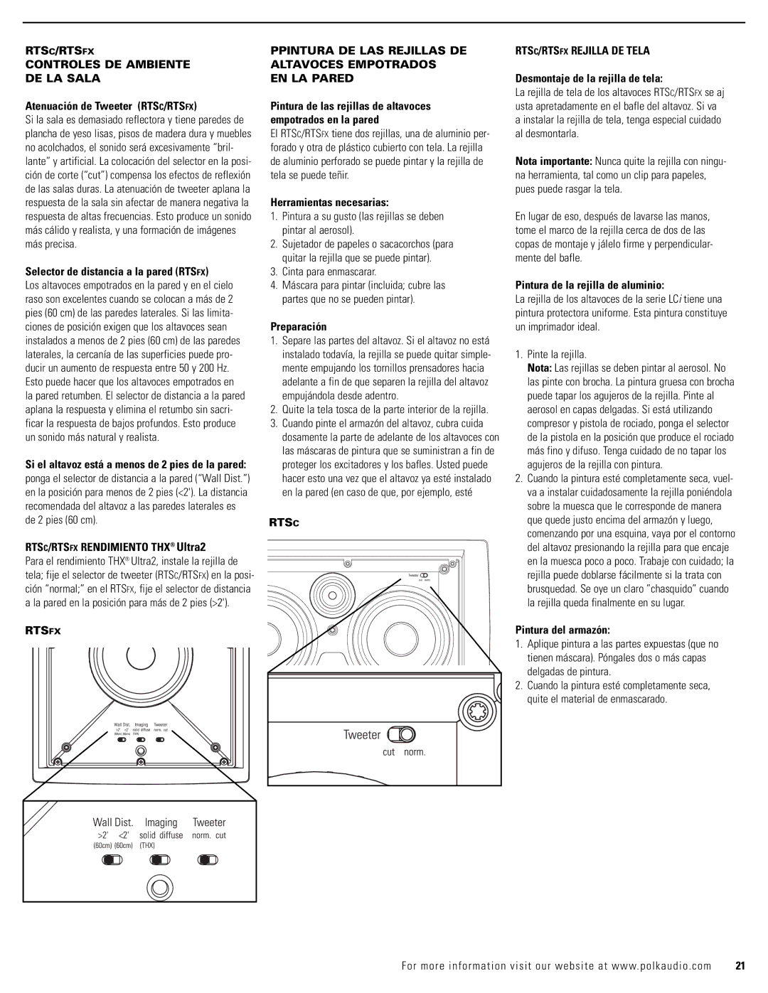 Polk Audio owner manual RTSC/RTSFX Controles DE Ambiente DE LA Sala, Rtsc RTSC/RTSFX Rejilla DE Tela 