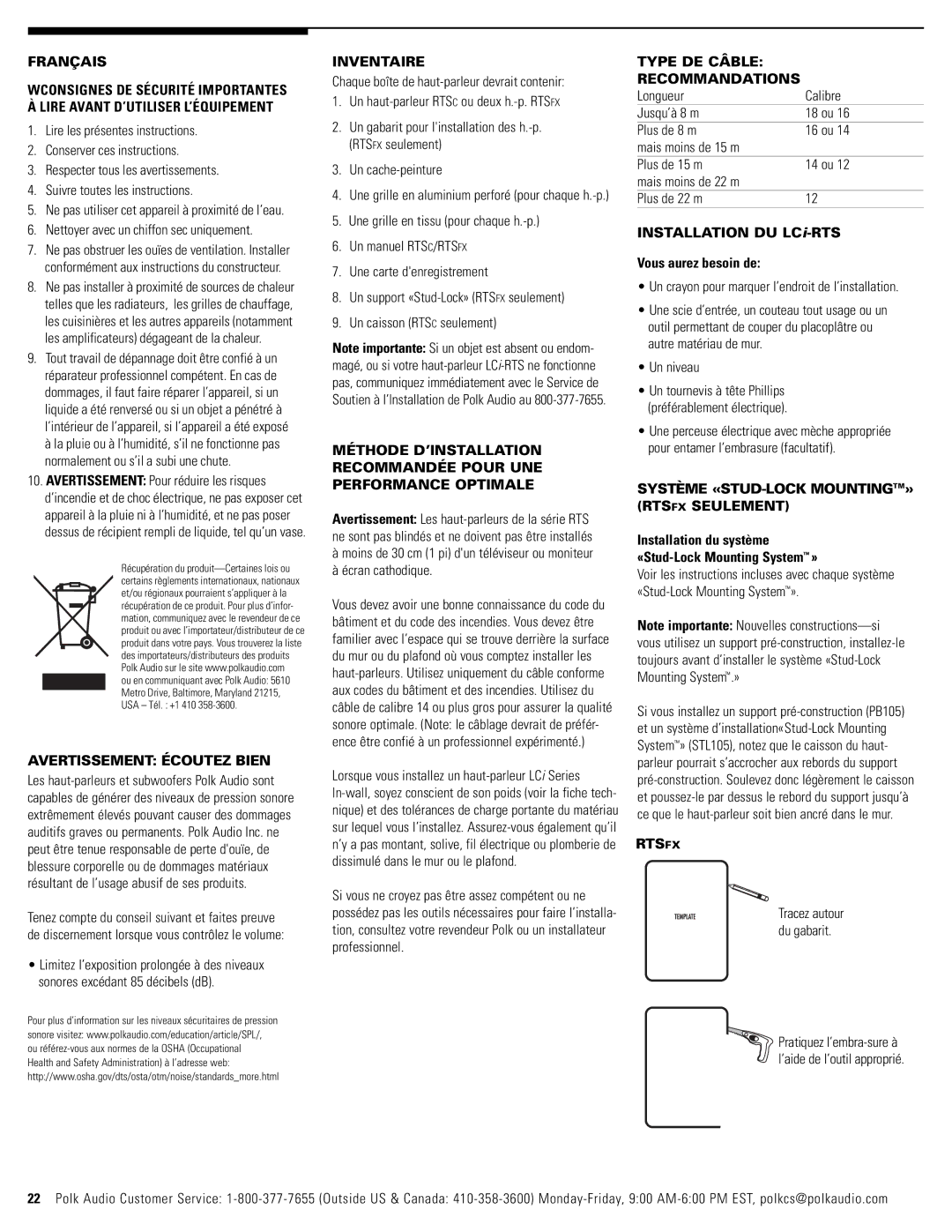 Polk Audio RTSC, RTSFX owner manual Français, Avertissement Écoutez Bien, Inventaire, Type DE Câble Recommandations 