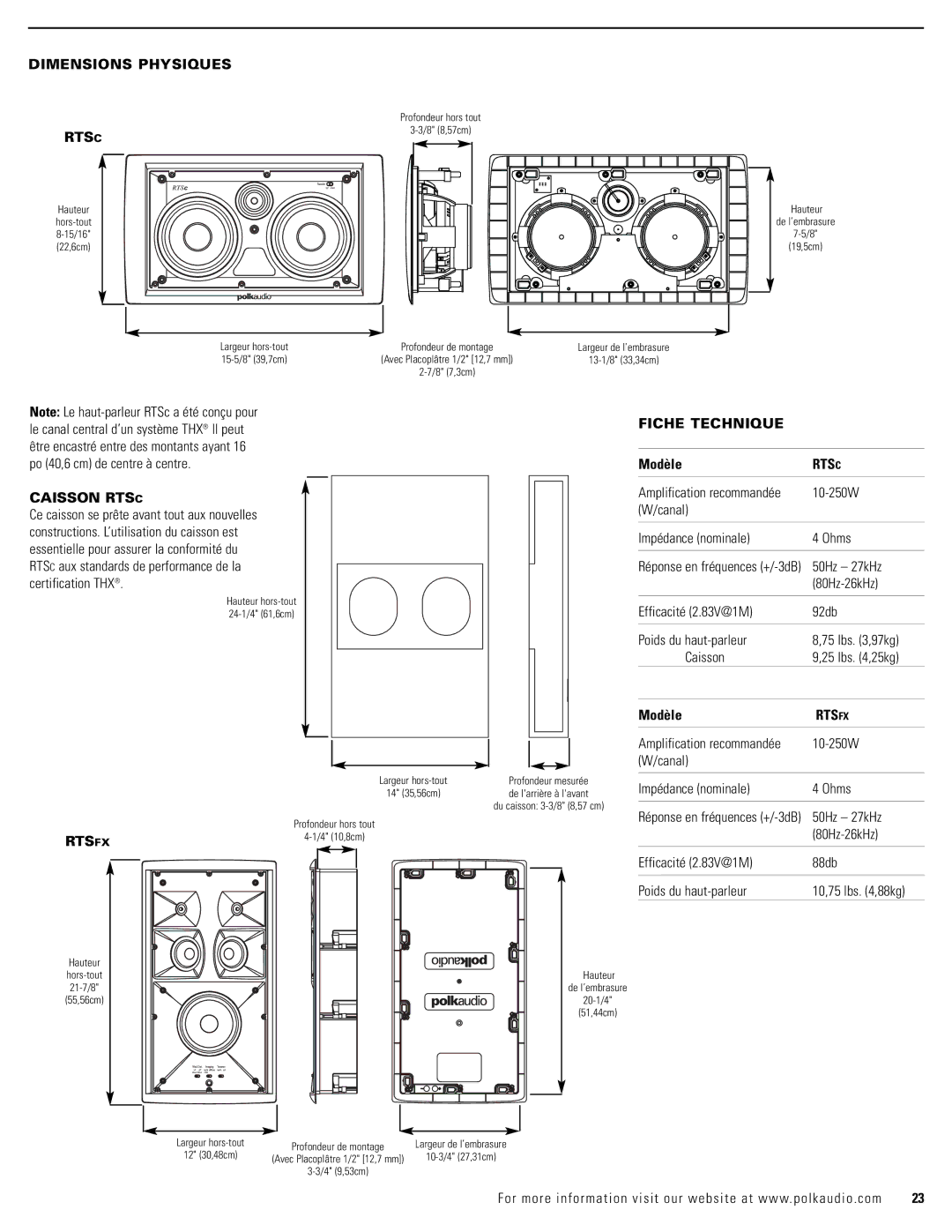 Polk Audio RTSFX, RTSC owner manual Dimensions Physiques, Fiche Technique, Caisson Rtsc, Modèle 