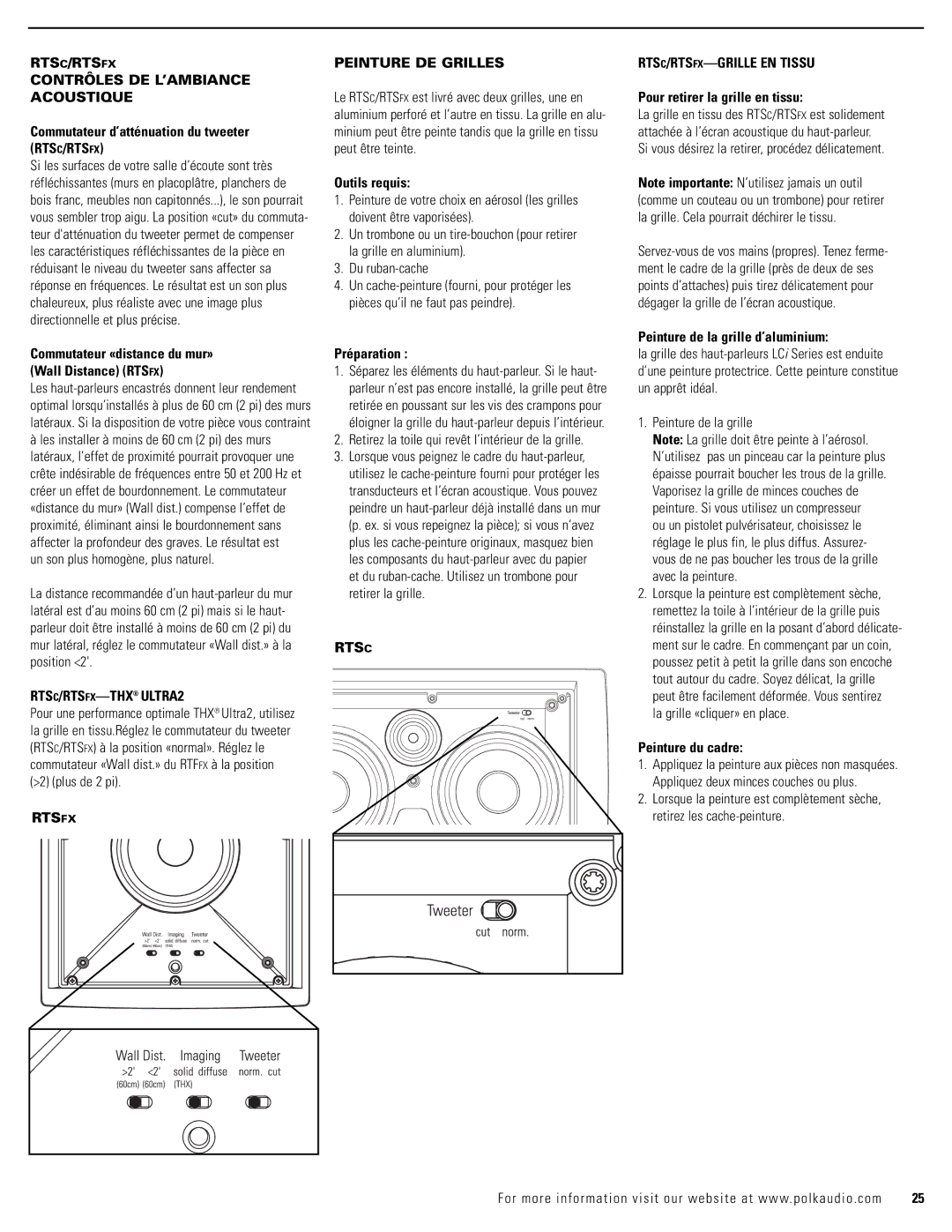 Polk Audio owner manual RTSC/RTSFX Contrôles DE L’AMBIANCE Acoustique, RTSC/RTSFX-THXULTRA2, Rtsfx Peinture DE Grilles 