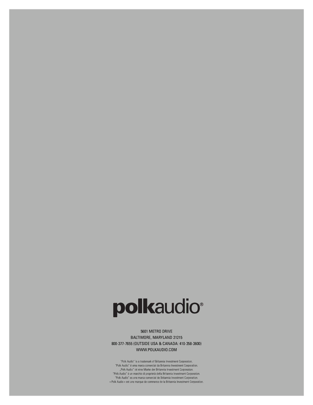 Polk Audio RTSC, RTSFX owner manual Metro Drive BALTIMORE, Maryland, Outside USA & Canada 