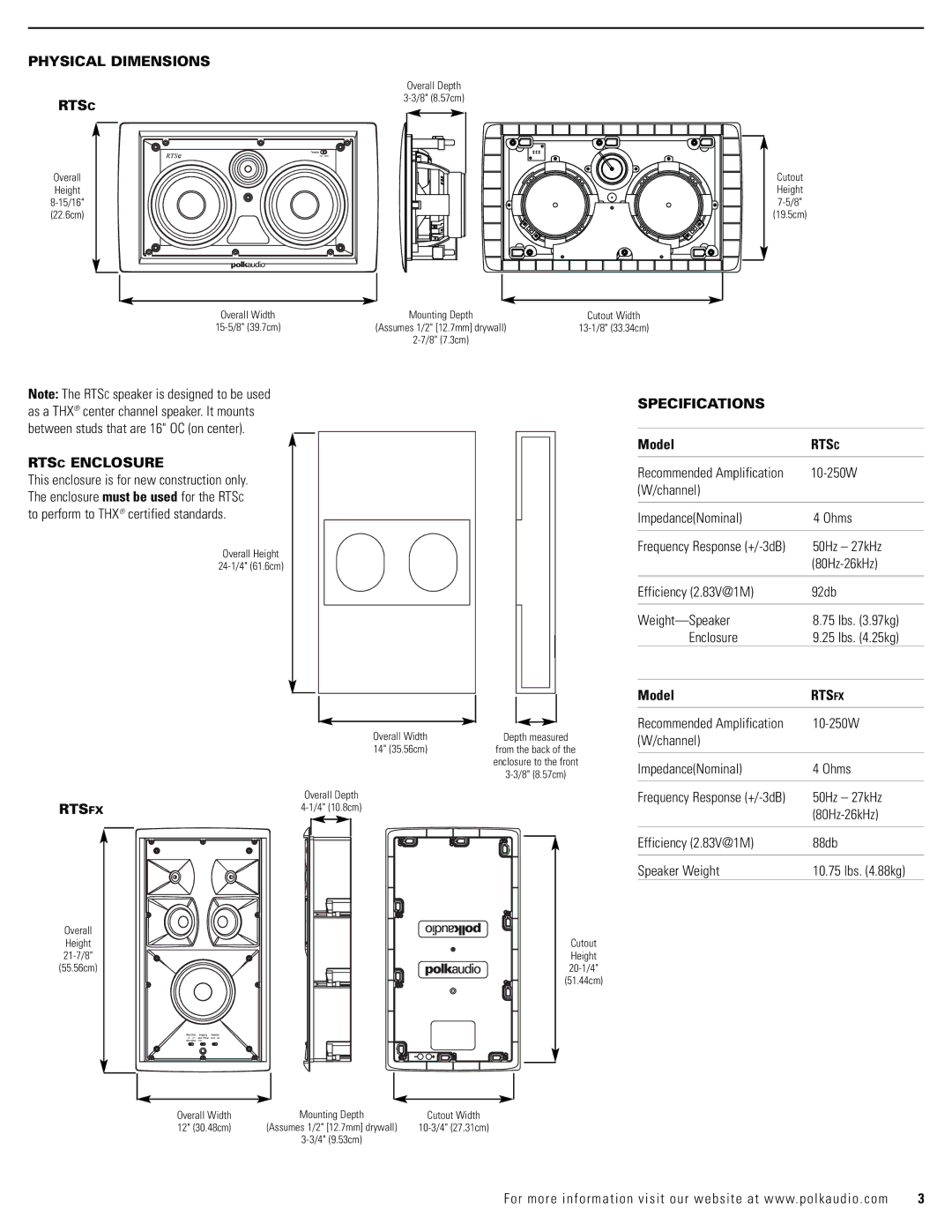 Polk Audio RTSFX, RTSC owner manual Physical Dimensions, Rtsc Enclosure, Specifications, Model 