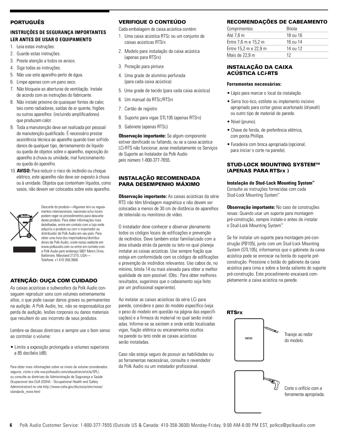 Polk Audio RTSC Português, Atenção Ouça COM Cuidado, Verifique O Conteúdo, Instalação Recomendada Para Desempenho Máximo 