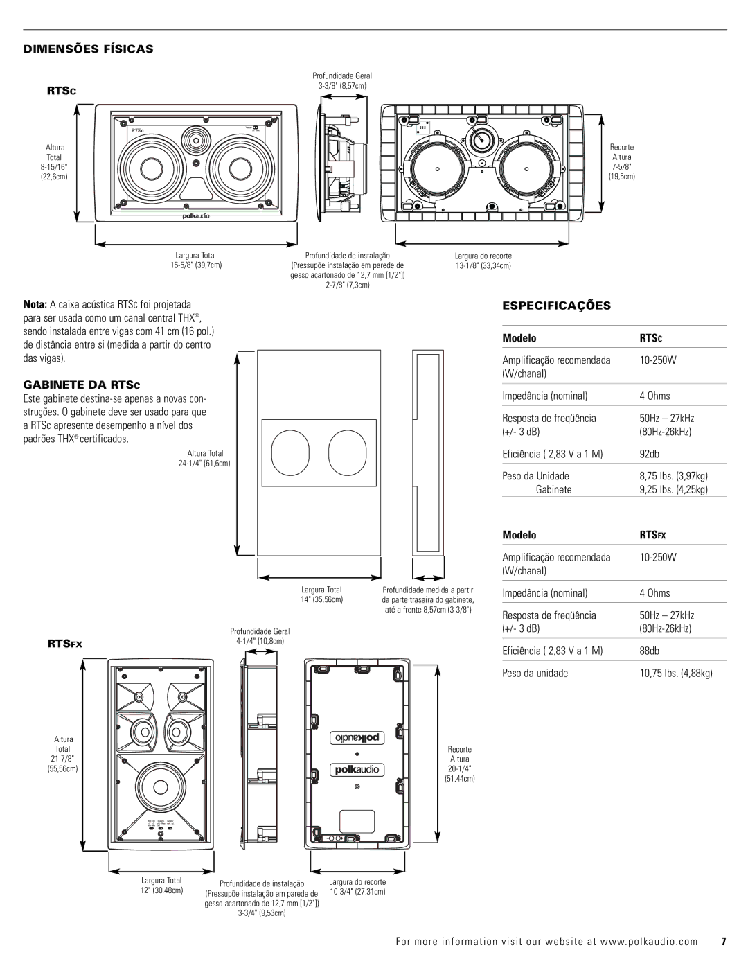 Polk Audio RTSFX, RTSC owner manual Dimensões Físicas, Gabinete DA Rtsc, Especificações, Modelo, 10,75 lbs ,88kg 