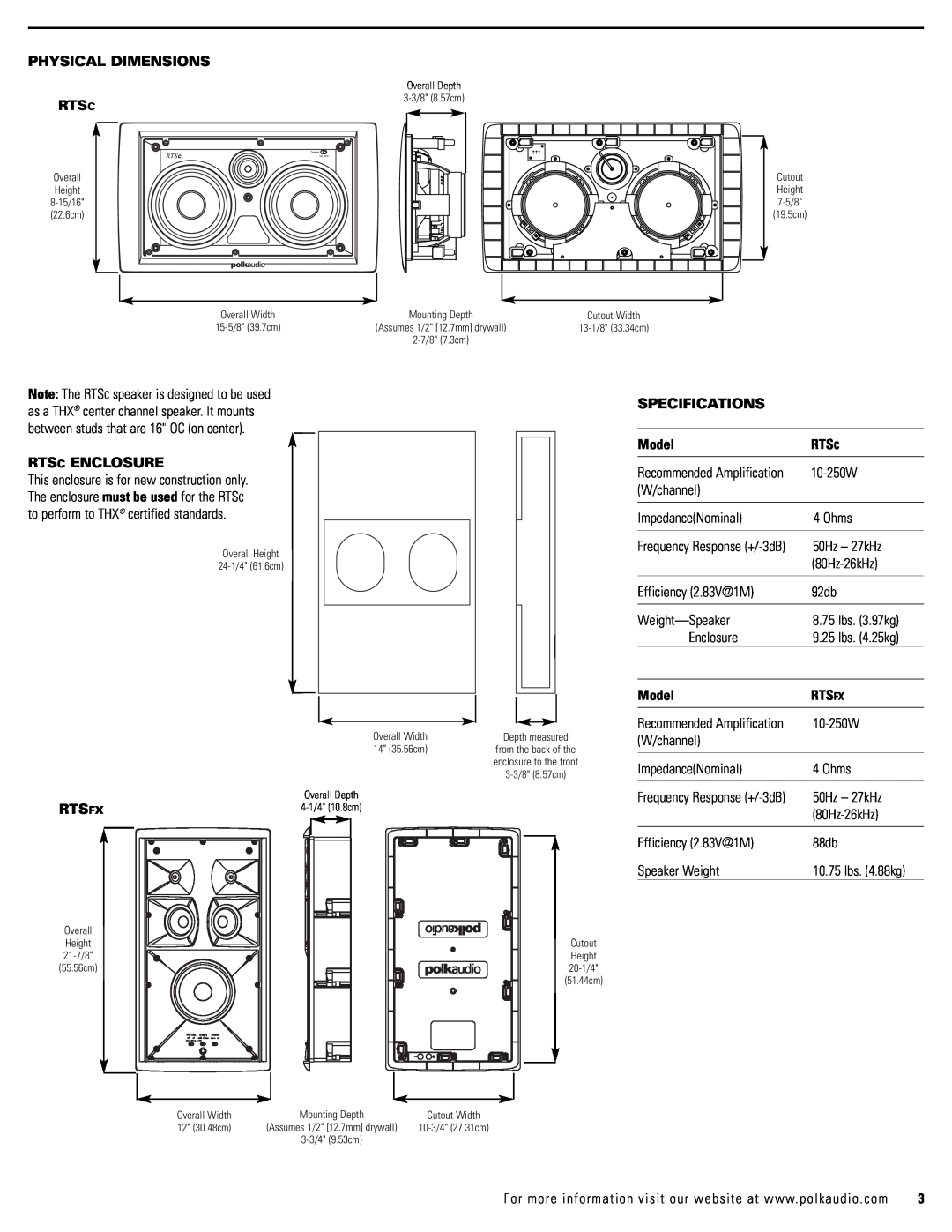 Polk Audio RTSFX, RTSC owner manual Physical Dimensions, Rtsc Enclosure, Rtsfx, Specifications, Model 