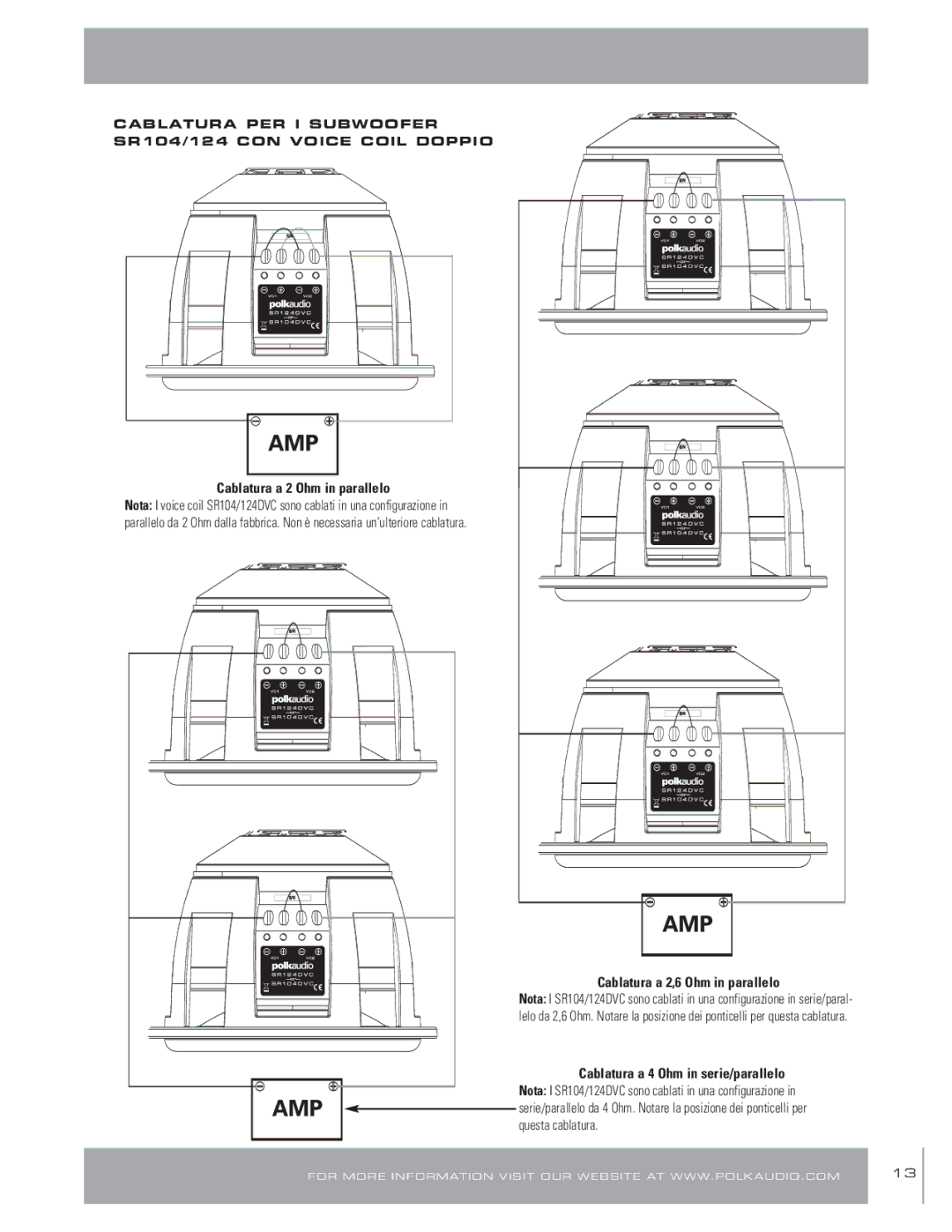 Polk Audio SR 124 Cablatura a 2 Ohm in parallelo, Cablatura a 2,6 Ohm in parallelo, Cablatura a 4 Ohm in serie/parallelo 