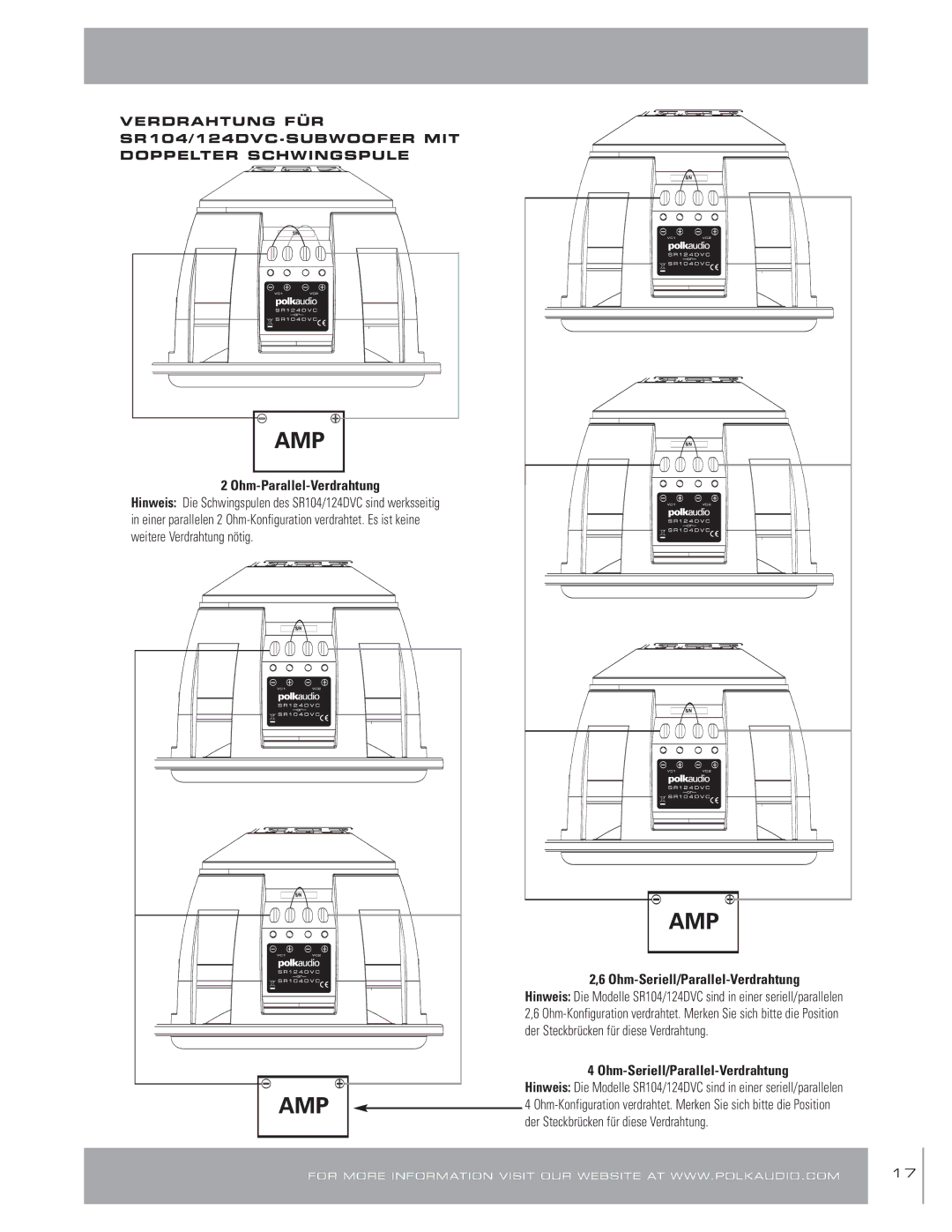 Polk Audio SR 124, SR124DVC, SR 104, SR104DVC owner manual Ohm-Parallel-Verdrahtung, Ohm-Seriell/Parallel-Verdrahtung 