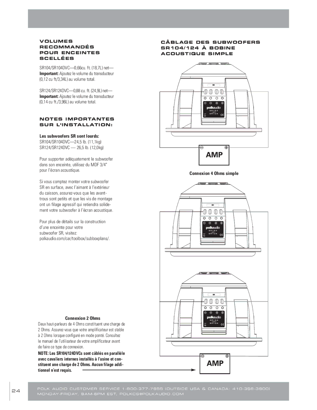 Polk Audio Les subwoofers SR sont lourds, SR104/SR104DVC-24,5 lb ,1kg SR124/SR124DVC 26,5 lb ,0kg, Connexion 2 Ohms 