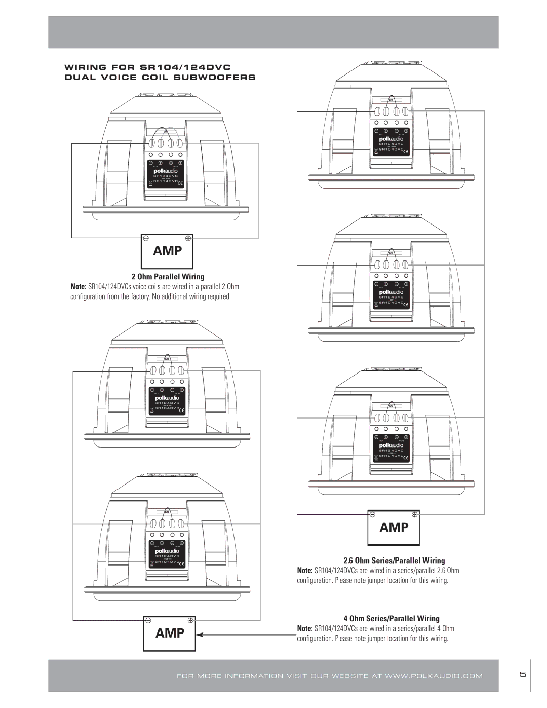 Polk Audio SR 124 Ohm Parallel Wiring Ohm Series/Parallel Wiring, Wiring for SR104/124DVC Dual Voice Coil Subwoofers 