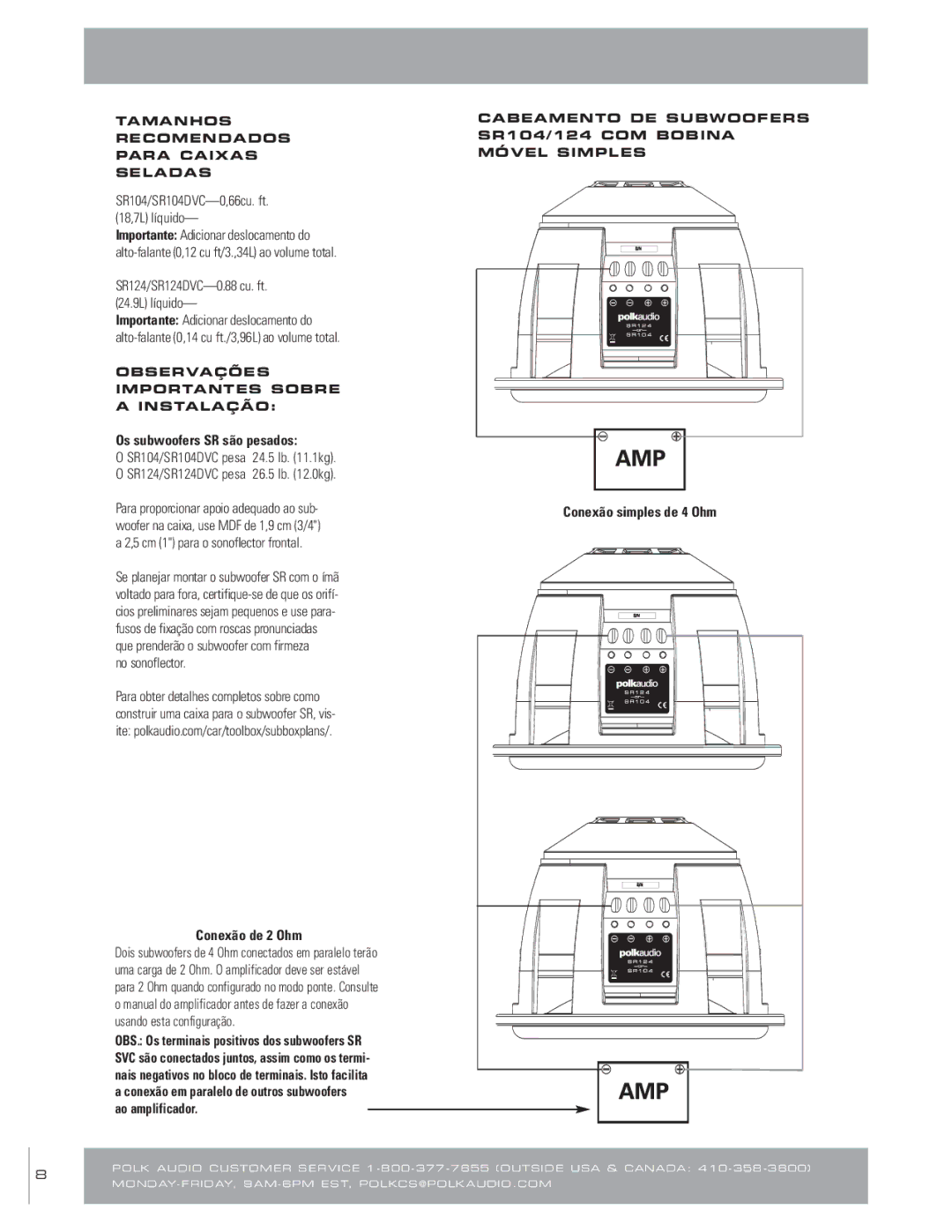 Polk Audio SR124DVC, SR 124, SR 104, SR104DVC Os subwoofers SR são pesados, Conexão de 2 Ohm, Conexão simples de 4 Ohm 