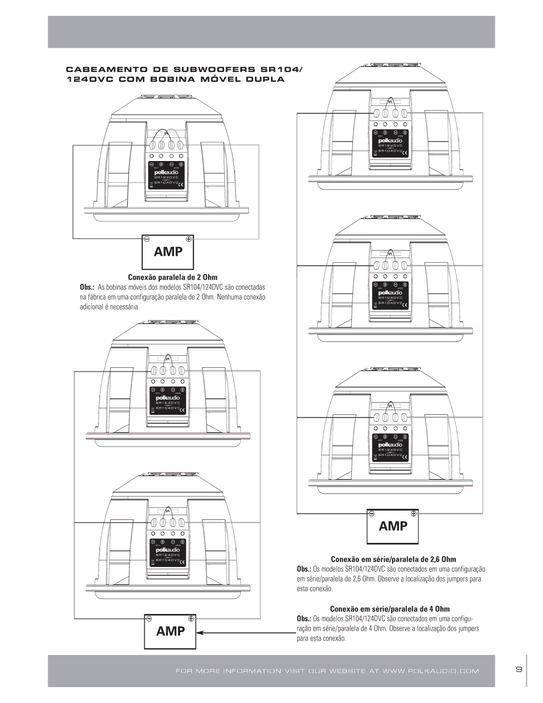 Polk Audio SR 124 Conexão paralela de 2 Ohm, Conexão em série/paralela de 2,6 Ohm, Conexão em série/paralela de 4 Ohm 