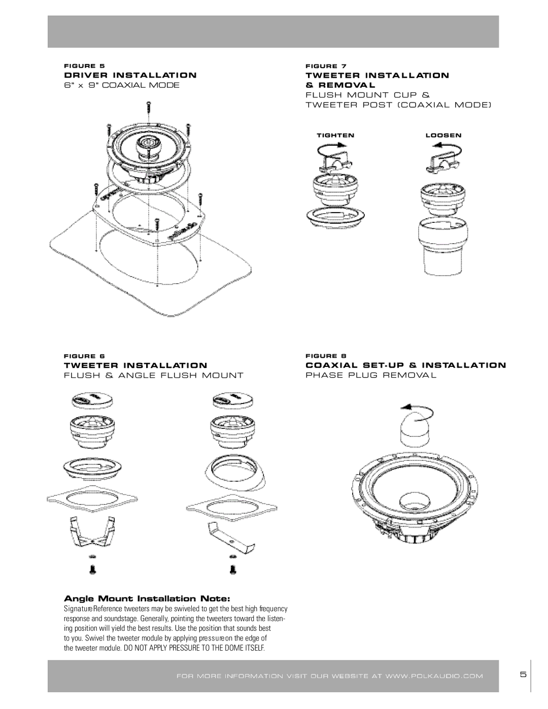 Polk Audio SR6500 owner manual Angle Mount Installation Note, Driver Insta L L AT I O N Tweeter Insta L L Ation 