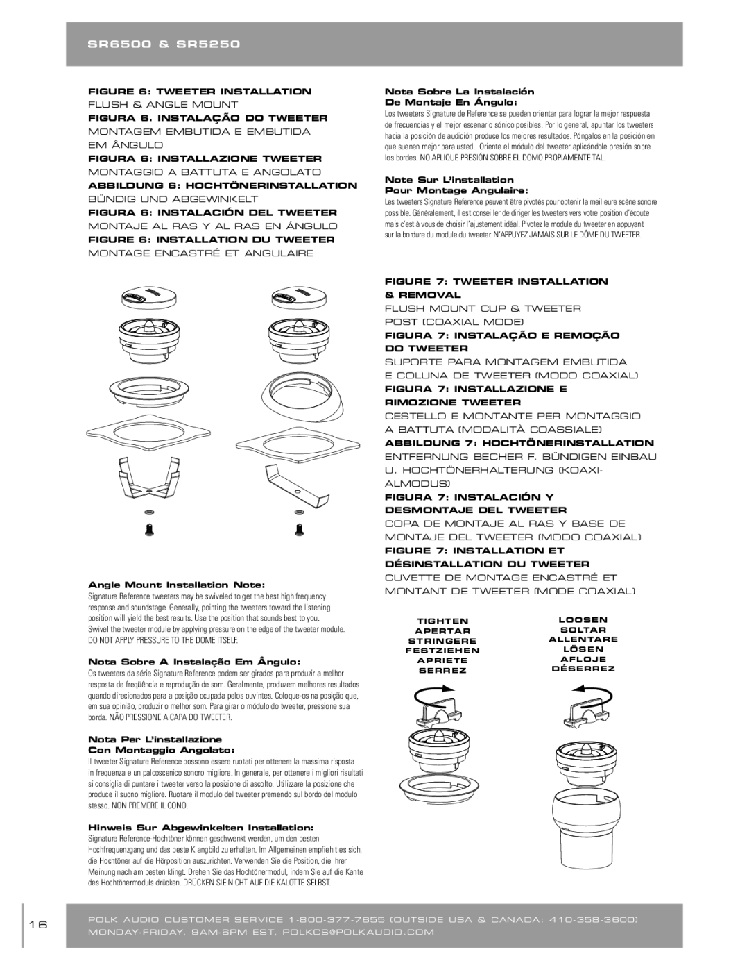 Polk Audio SR65006, SR52505 owner manual Tweeter Installation Flush & Angle Mount 